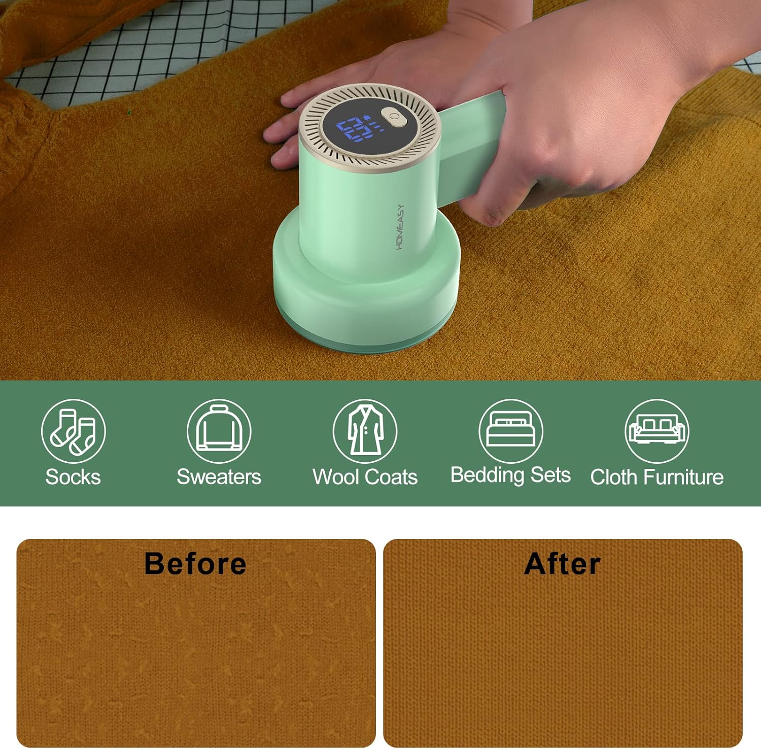 Before and after comparison of a sweater treated with the HOMEASY Fabric Shaver