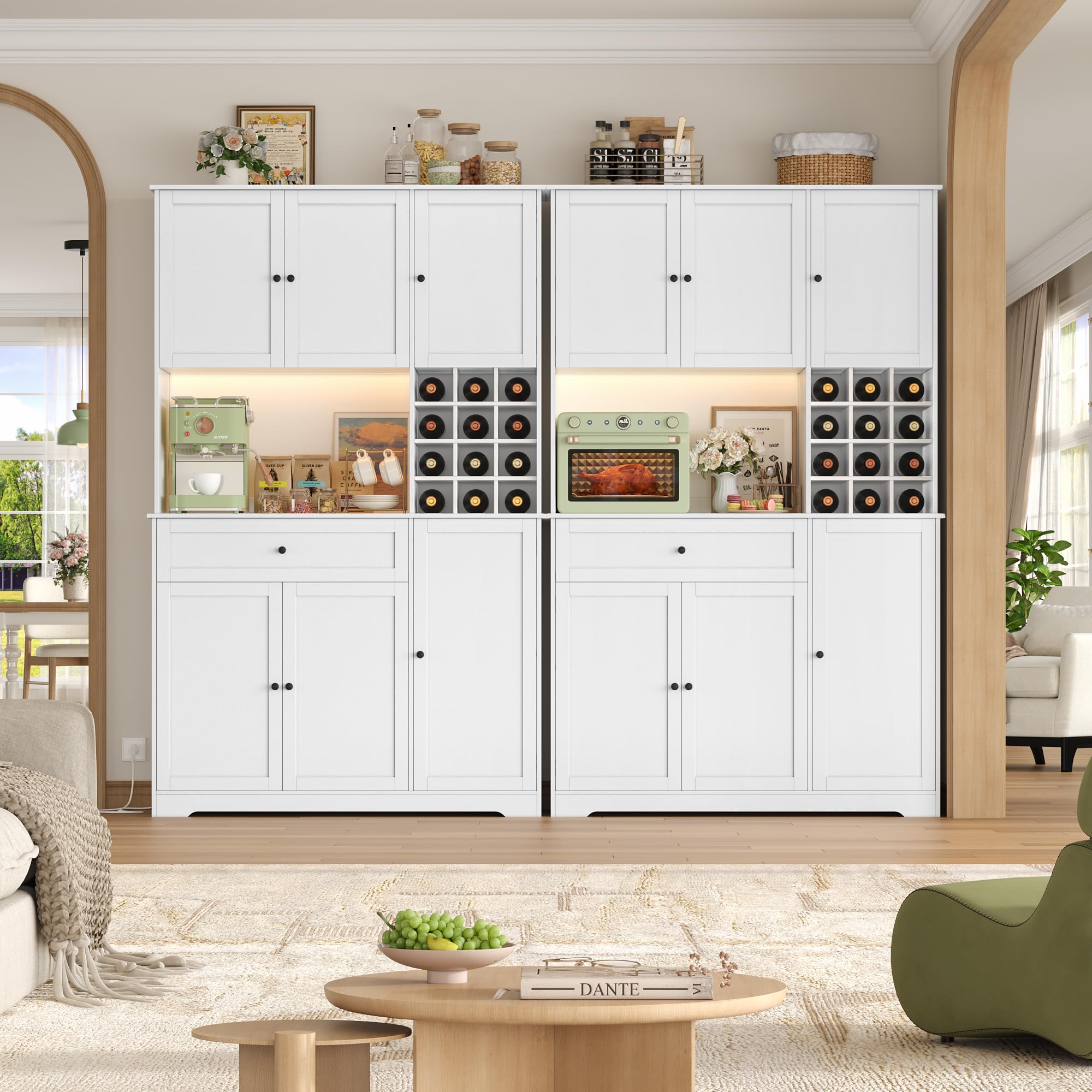 FirFurd Alacena Cocina Grande, Armario Cocina Almacenaje, Mueble de Cocinas | Armario Despensa Cocinas con Iluminacion LED, Regleta, Encimera, Botellero 12 Botellas, 1 Cajón 100x39x180cm Blanco