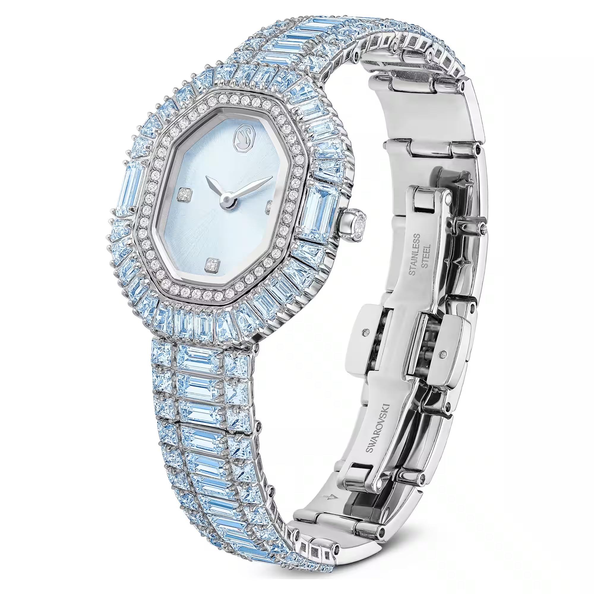 Swarovski Matrix Octagon Armbanduhr, Baguette-Schnitt, Armband aus Metall, Blau, Edelstahl