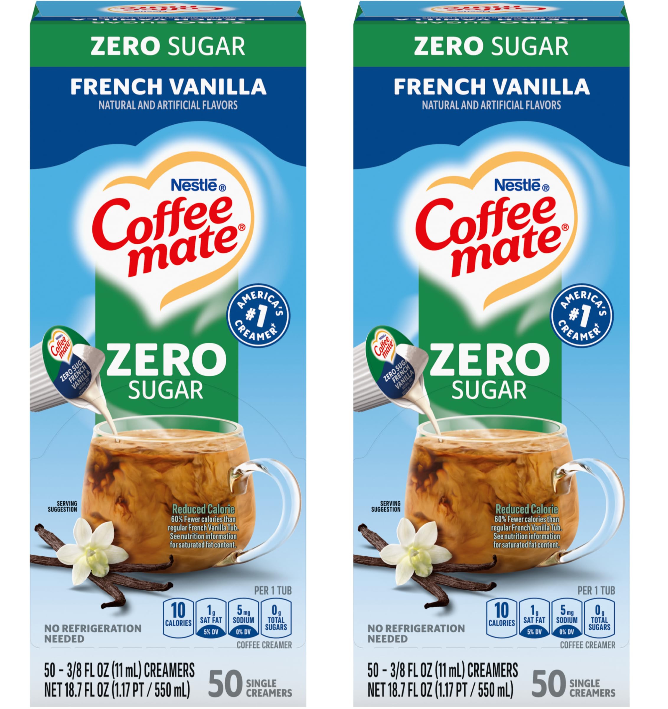 Nestle Coffee mate Liquid Coffee Creamer Singles, Zero Sugar French Vanilla, 50 Ct Box (Pack of 2)