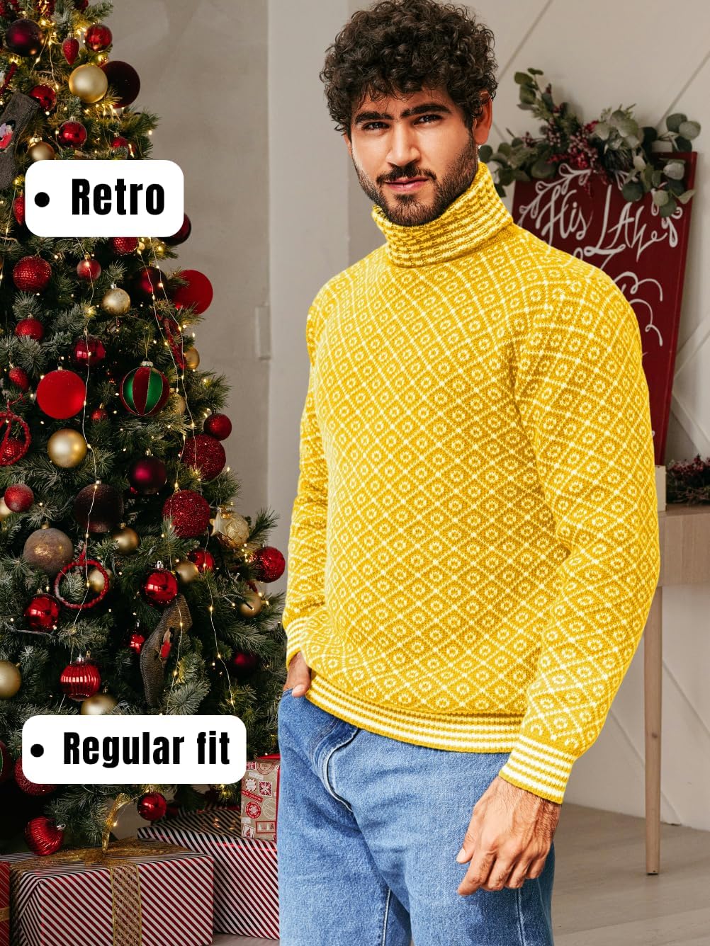 Turtleneck Sweater Men,Geometric Vintage Christmas Sweaters,Casual Work Going Out Outfits - Image 4