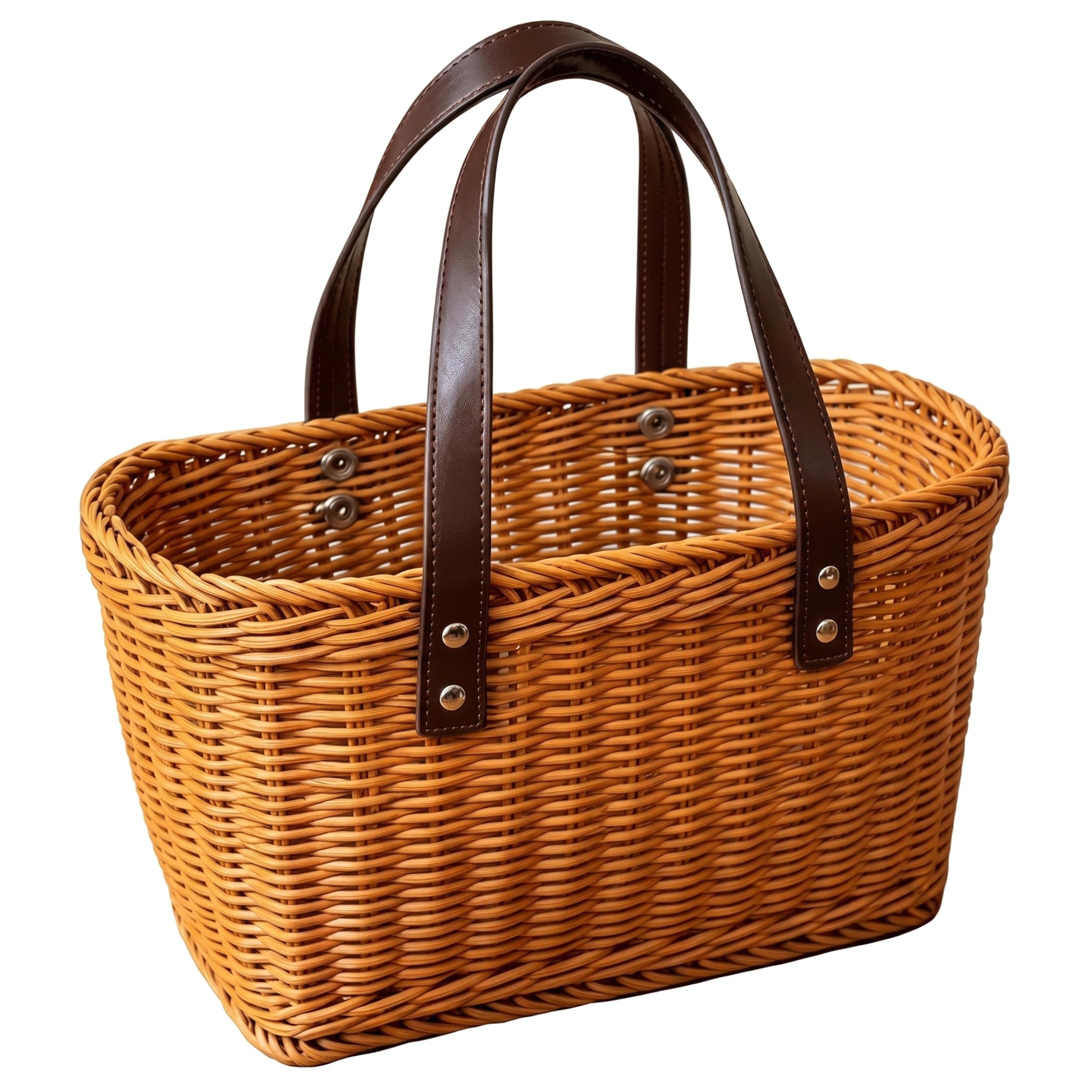 Striegro Farmers Market Basket, Handwoven Wicker Tote With Leather Handles for Camping Picnic Home Storage – Light Brown, 12.99x3.74x7.87inch.