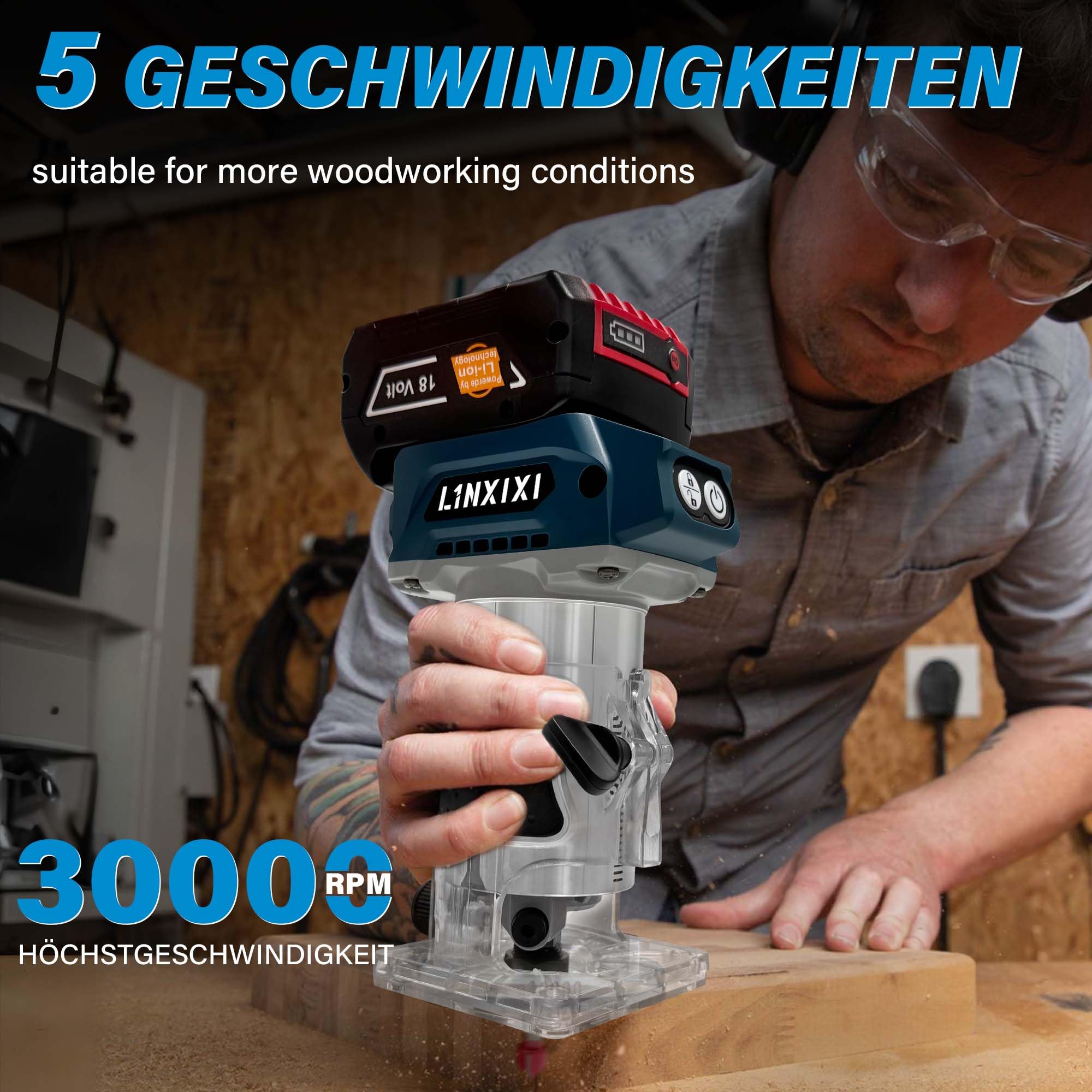 Akku Oberfräse für Bosch GBA 18V/ProCORE18V Akkus, 800W Bürstenloser Oberfräse mit 5 Geschwindigkeiten, 10,000-30,000 U/min, 18V Einhandfräse Akku Kantenfräser mit 15 Stück 1/4" Fräser (ohne Akku)
