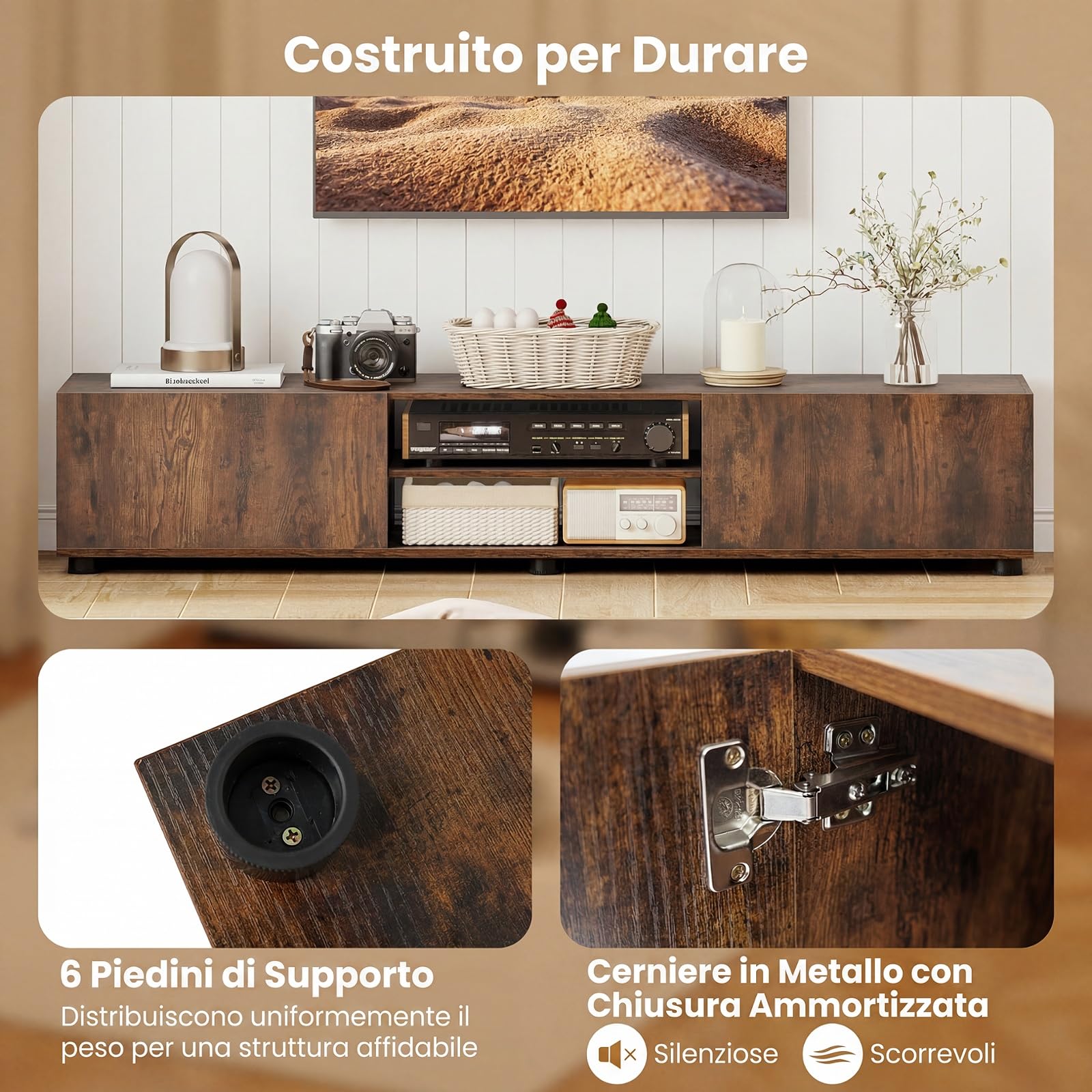 COSTWAY Mobile Porta TV Fino a 70", Supporto TV con 2 Mobiletti, 2 Ripiani Aperti e 6 Gambe di Sostegno, Tavolo Consolle per Televisore per Soggiorno e Camera da Letto, 160 x 35 x 30 cm (Marrone)