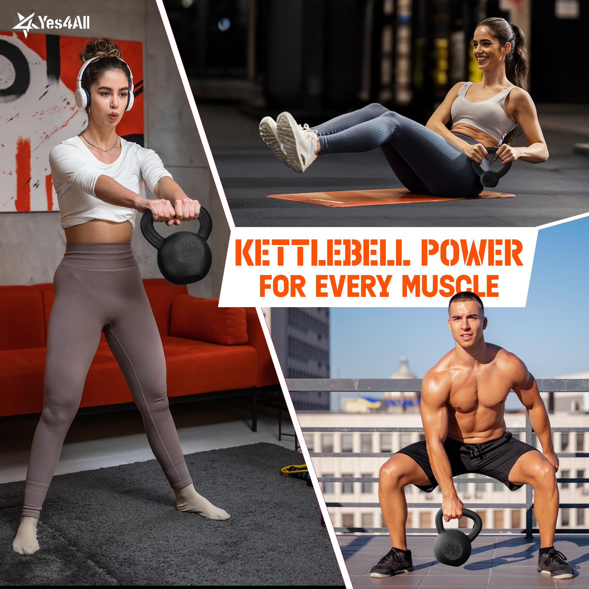 Yes4All Set di kettlebell in ghisa verniciato a polvere per allenamento della forza e allenamento completo del corpo, palestra a casa