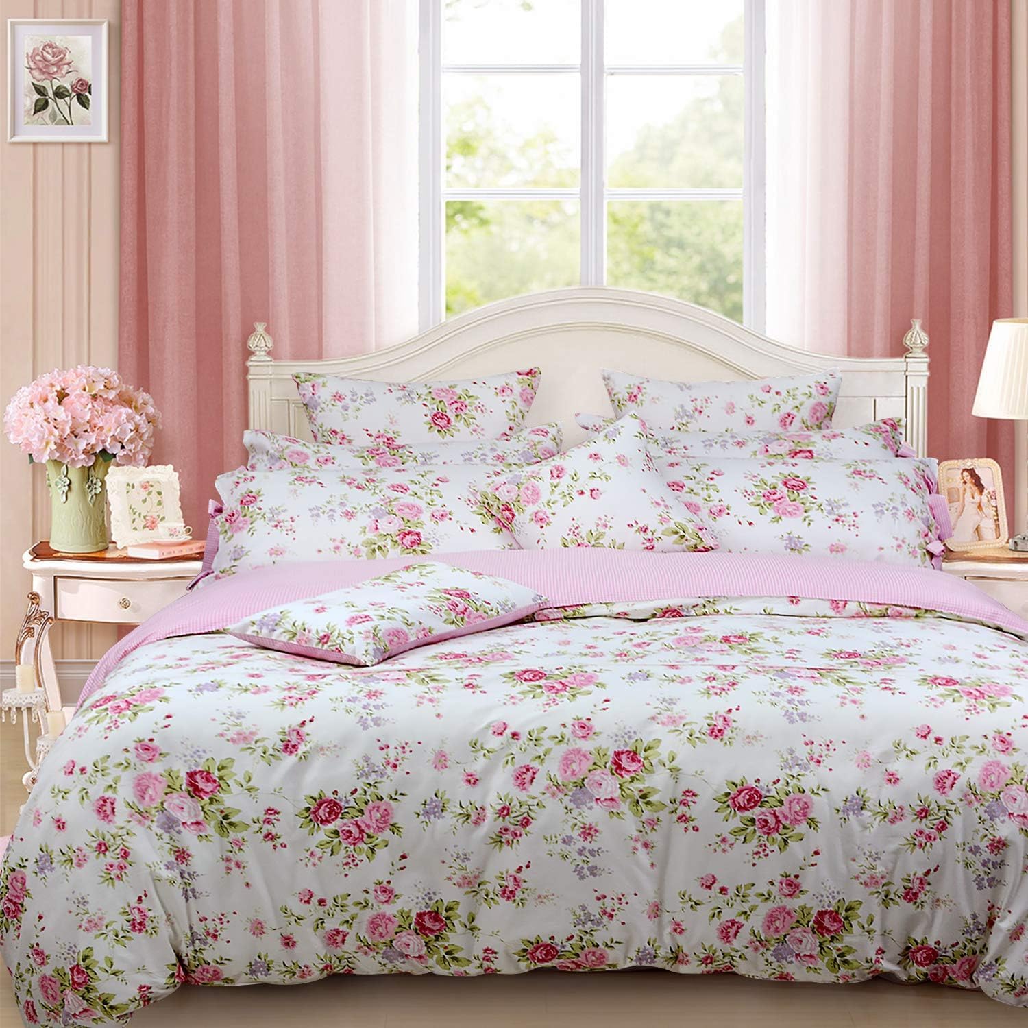 FADFAY Shabby Rose Floral Duvet Cover Pink Plaid Girls Bedding Set 100% Cotton Ultra Soft Bed Sheet Set,7Pcs (1 Duvet Cover +1 Fitted Sheet+ 1 Flat Sheet +4 Standard Pillowcases), Queen Size
