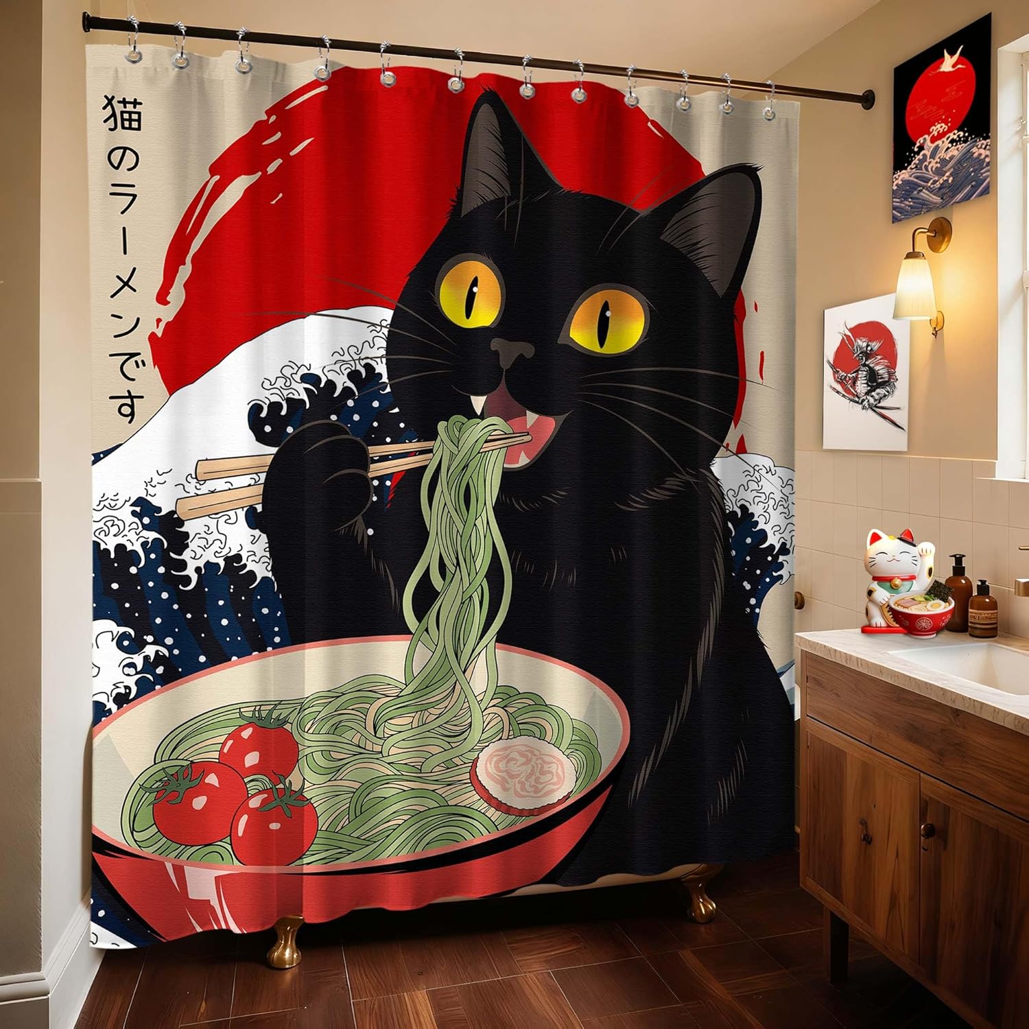 Funny Cat Shower Curtain Cool Japanese Anime Shower Curtains for Bathroom Decor Sets, Waterproof Cloth Fabric with Hooks 72x84 Inch