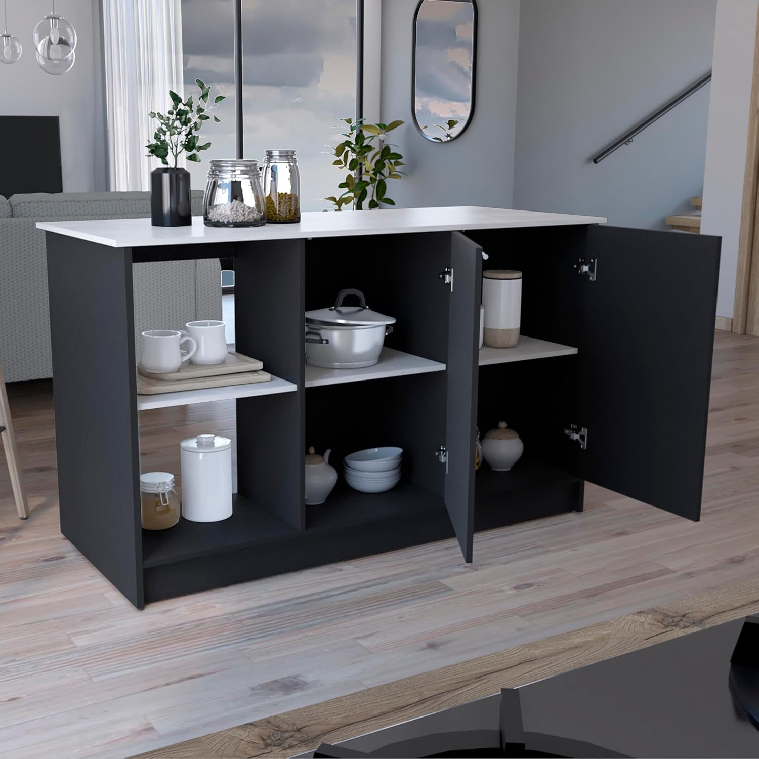 Kitchen Island with Particle Board Construction, Large Top Surface, Double Door Cabinet, Open Shelves, Kitchen Storage, Black and Ibiza Marble, 59 x 25.2 x 35.4 Inches