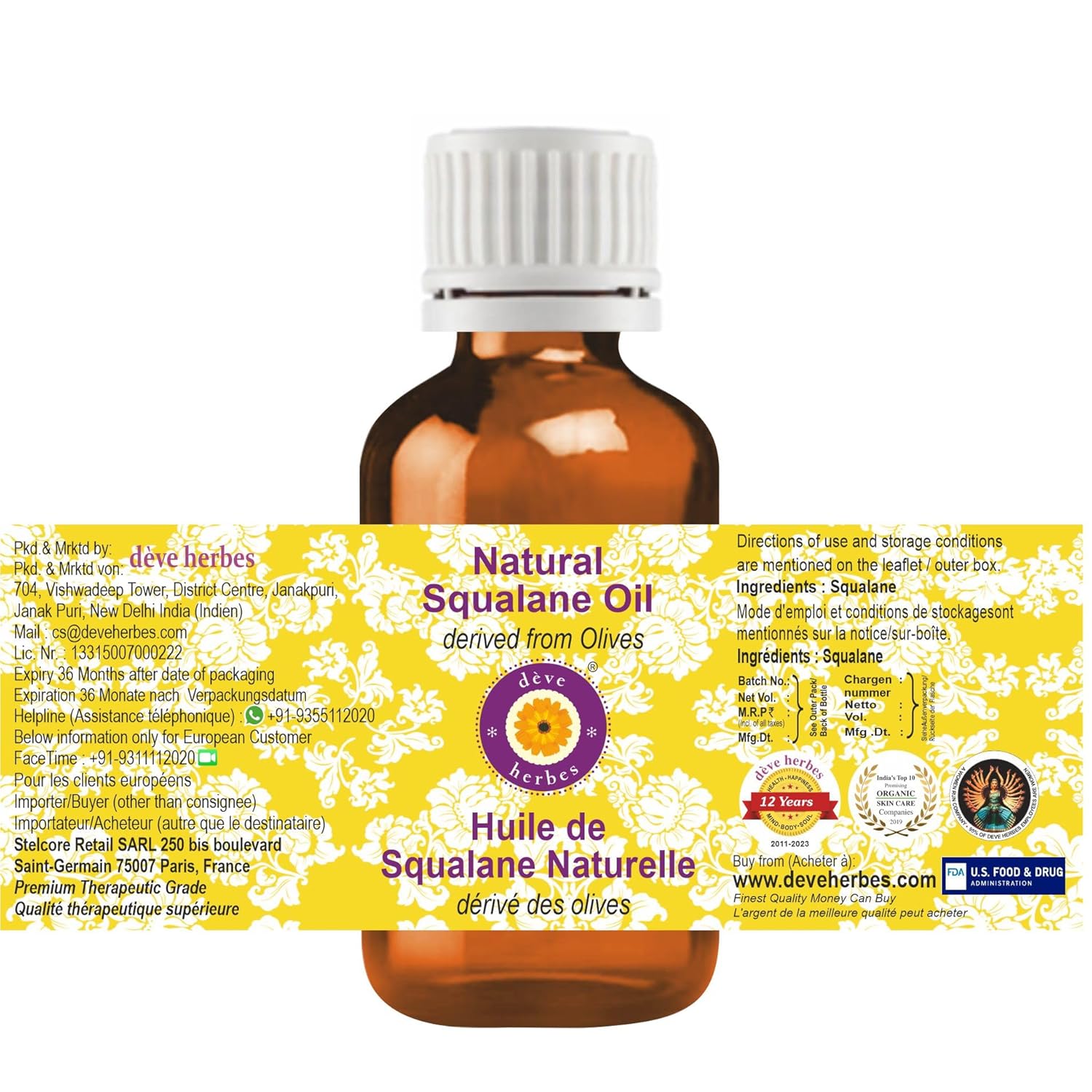 dève herbes Natural Squalane Oil (derived from Olives) | Infused | Pure | Non-Sticky | Lightweight | For Facial Care | Men & Women | 30ml (1 oz)