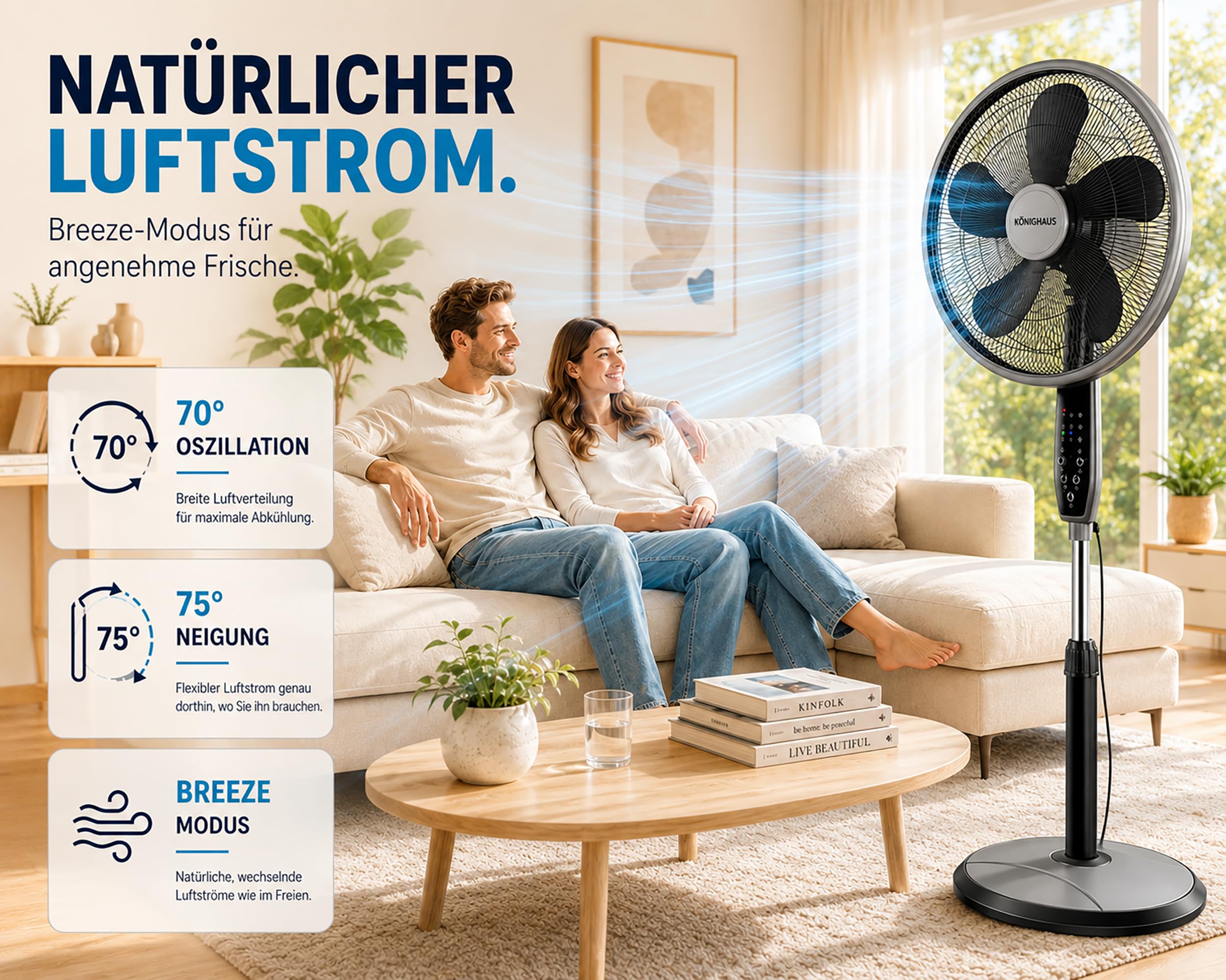 Könighaus 3-in-1 Ventilator – Stand-, Tisch- & Wandmontage | WLAN Smart Home (Alexa, Tuya) | Fernbedienung | Oszillierender Standventilator | Timer | Natürlicher Luftstrom | Starke Kühlung bis 20 m