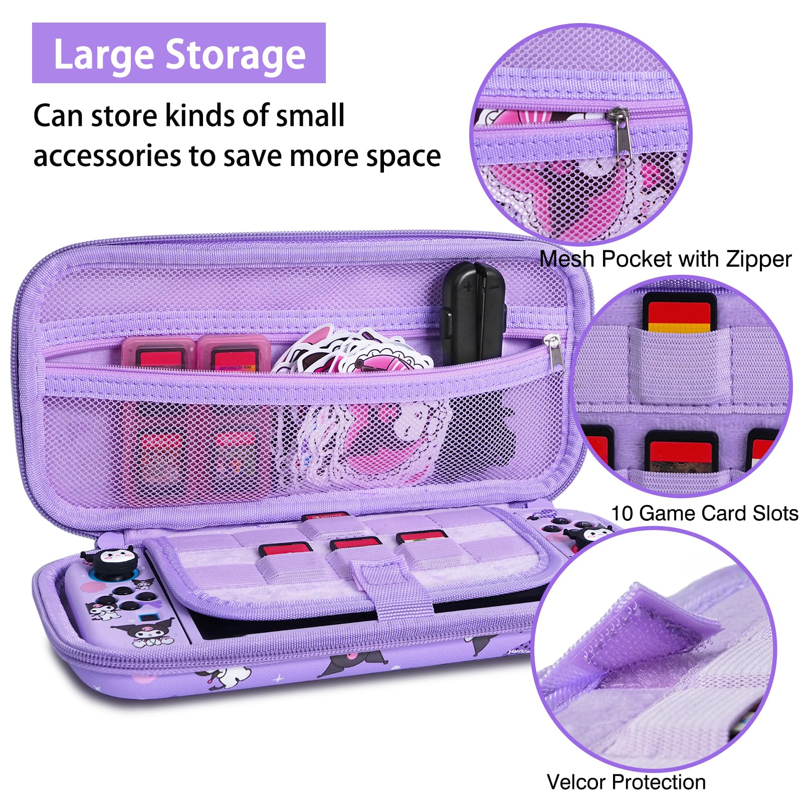 TIKOdirect Carrying Case for Switch, Cute Portable Travel Bag Accessories with Soft Protective Case, Screen Protectors and Thumb grip caps, Game Card Case 7in1, Purple K