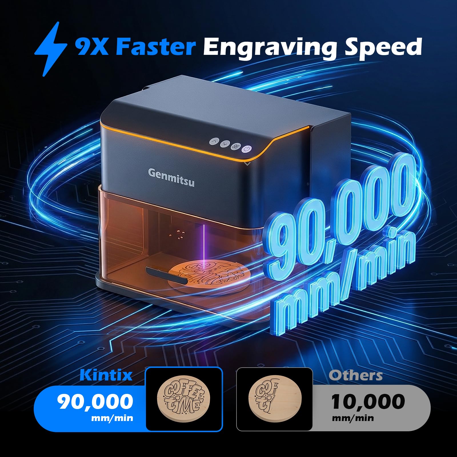 Genmitsu Kintix Lasergravierer 5000 mW+Rauchreiniger, 90000 mm/min ultraschneller Galvo-Laser mit automatischer Hubfunktion, 200 x 100 mm, kompatibel mit LightBurn & App, Schutzklasse 1