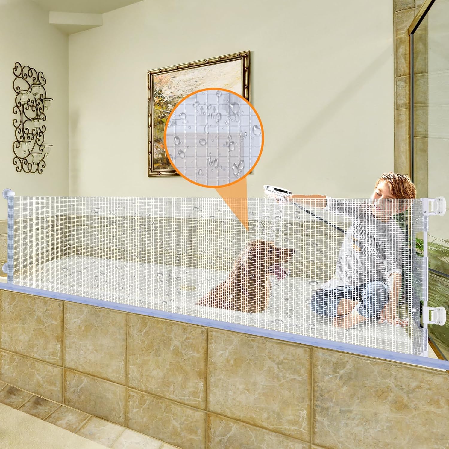 Waterproof Retractable Baby Gates for Bathtub Splash (Clear) No Drill Baby Gate Waterproof Indoor Safety Gates 25” Tall X 70” Wide Retractable Gates for Kids or Pets Bathing Prevent Water from Splash