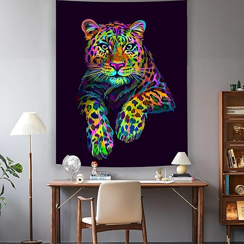 Miniatura 4 de Atrippy Tapiz de luz negra para colgar en la pared, tapiz negro con estampado de leopardo colorido, póster negro, decoración de habitación para