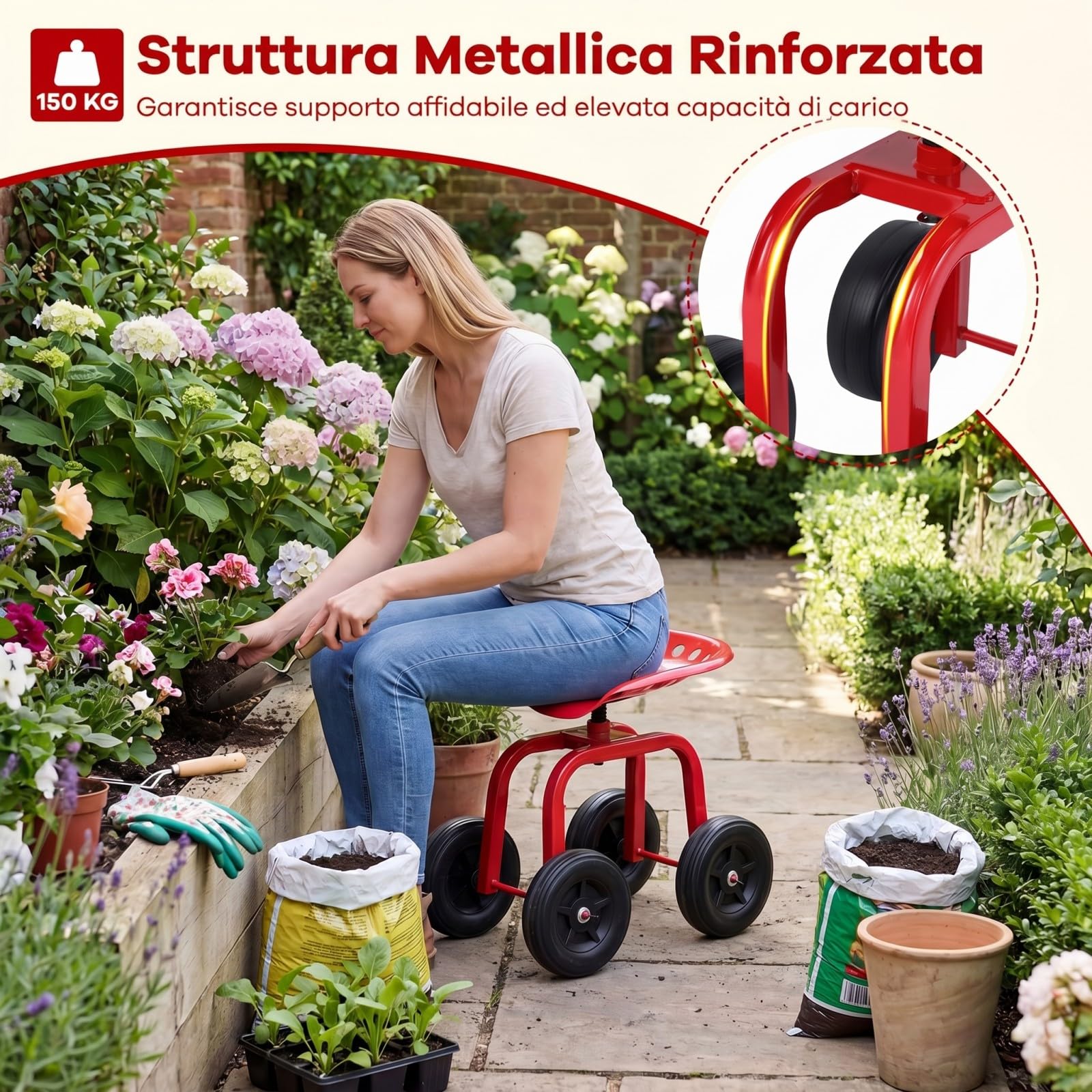 COSTWAY Sgabello con Ruote per Giardinaggio, Sedile con Ruote Regolabile in Altezza e Portatile, Seggiolino da Giardino, Prato e Cortile, Portata 150kg (Rosso)