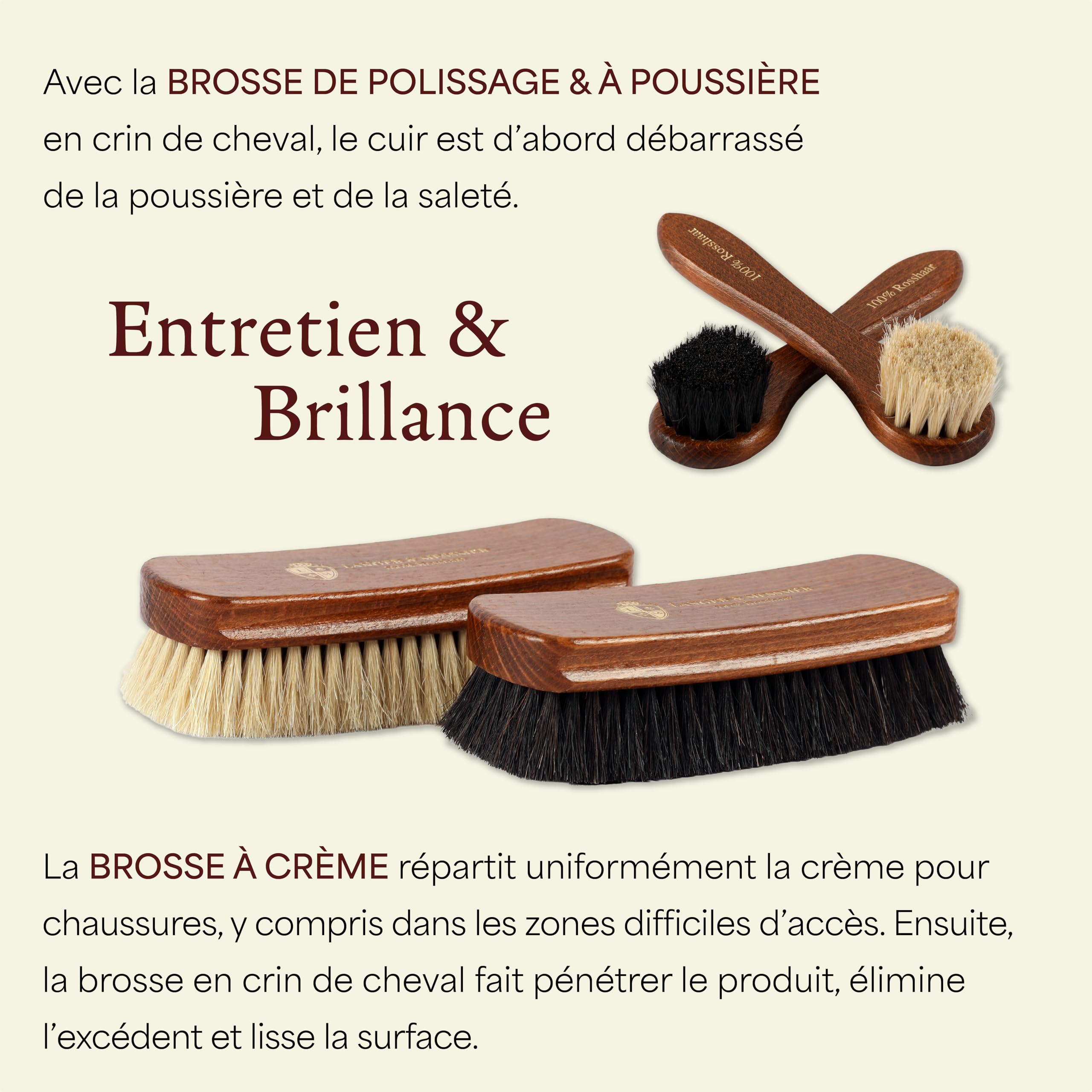 Langer & Messmer kit de brosses à Chaussures en CRIN de Cheval et de chèvre pour l'entretien Professionnel des Chaussures en Cuir Lisse