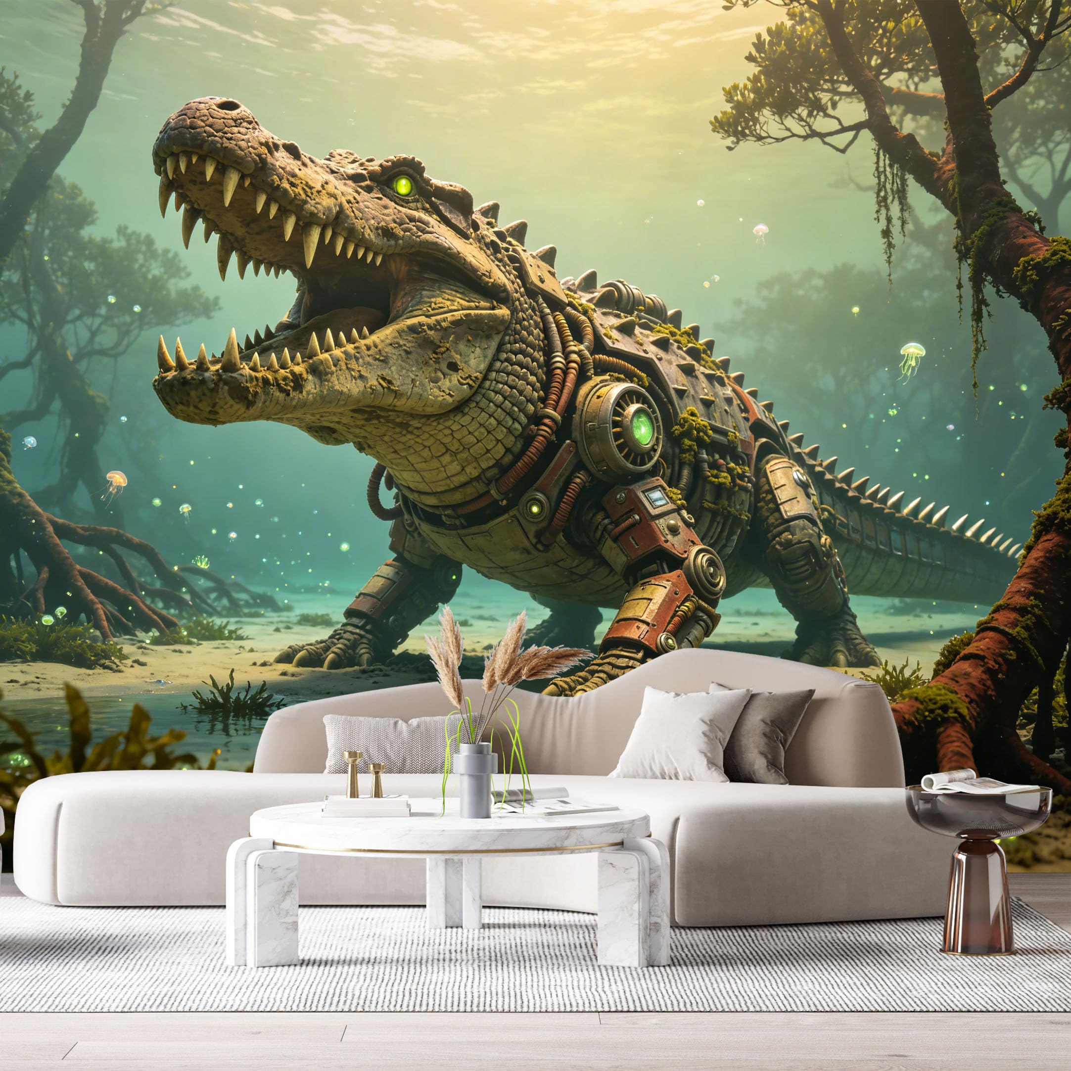 Custom Size Wall Mural Mechanical Crocodile Mech Science Fiction Robot Futuristic Swamp Scene SelfAdhesive Art Prints Removable Large Wallpaper Esports Room Game Room Tenant Room Studio