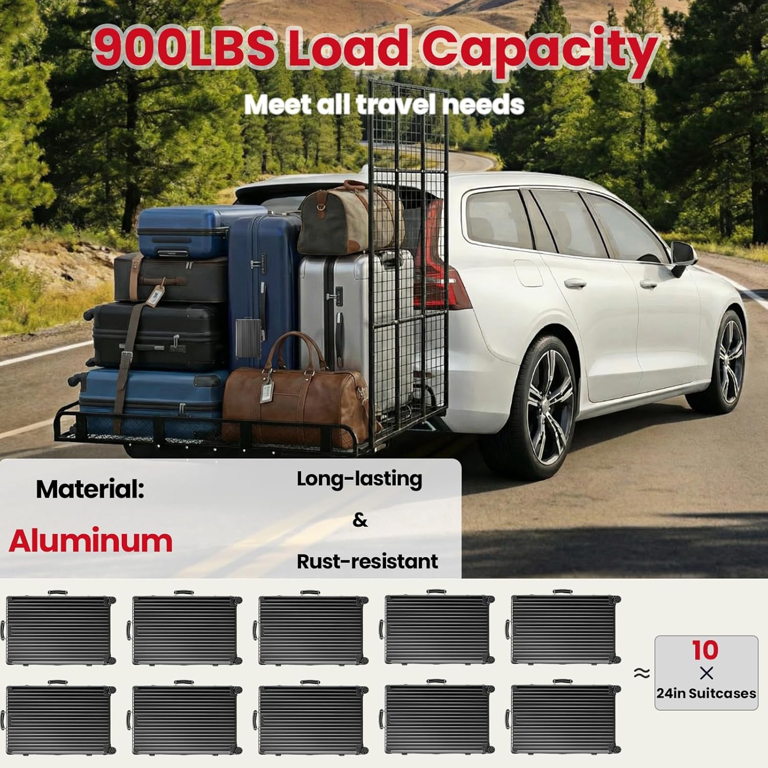 55.5 x 33.4 x 8.5in Hitch Cargo Carrier, 900LBS Trailer Cargo Carrier with 54.7 Ramp, Heavy Duty Aluminum Hitch Mount Cargo Carrier Transport for Wheelchairs, Scooters,Bikes