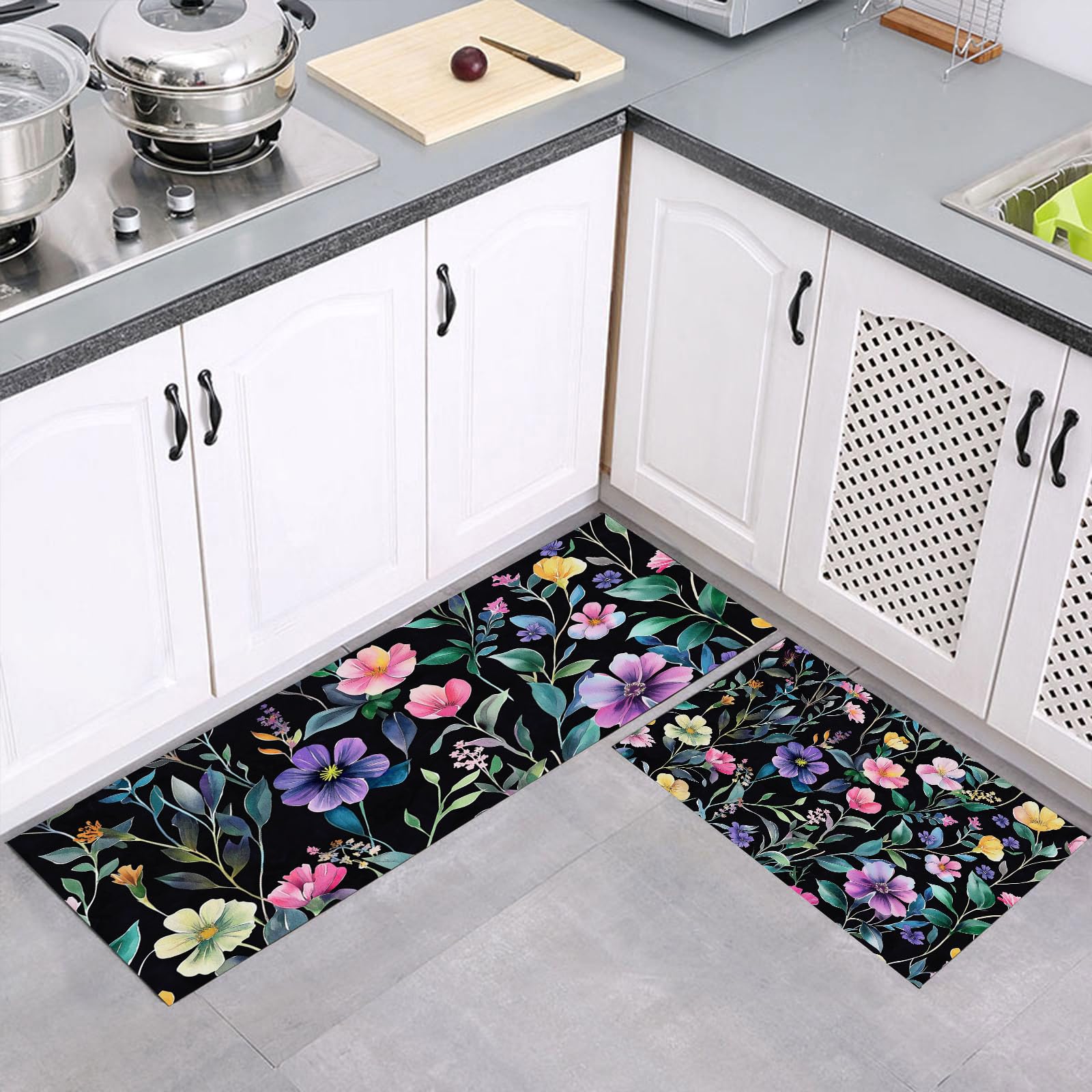 Juego de alfombras decorativas rosa y verde para una cocina y lavandería más acogedoras