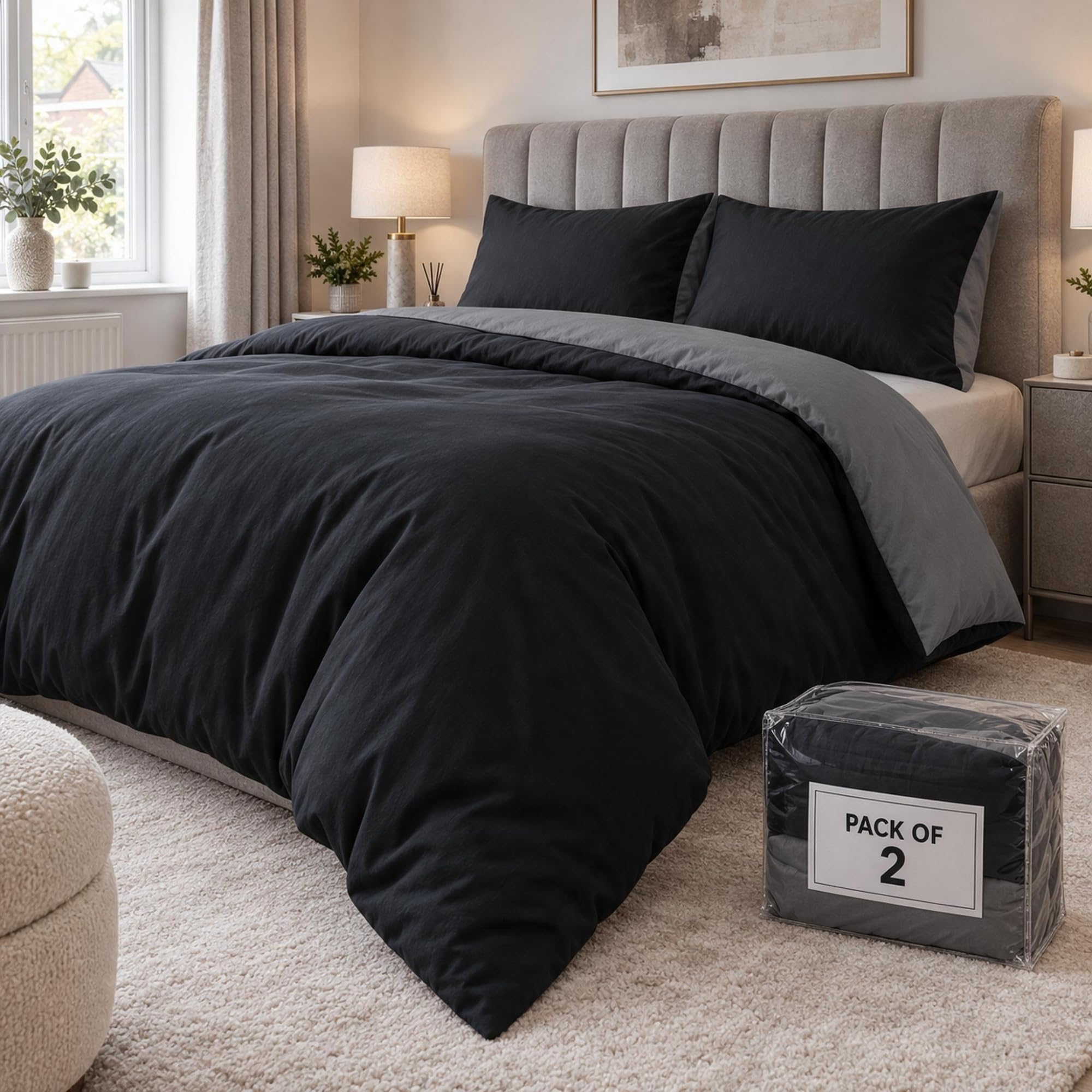 AQS INTERNATIONAL - 2x Reversible King Duvet Cover Set - Ultra Soft Brushed Microfiber Black & Grey Bedding Set with Pillow Cases - Breathable Durable Easy Care Comfortable Bedding for Home