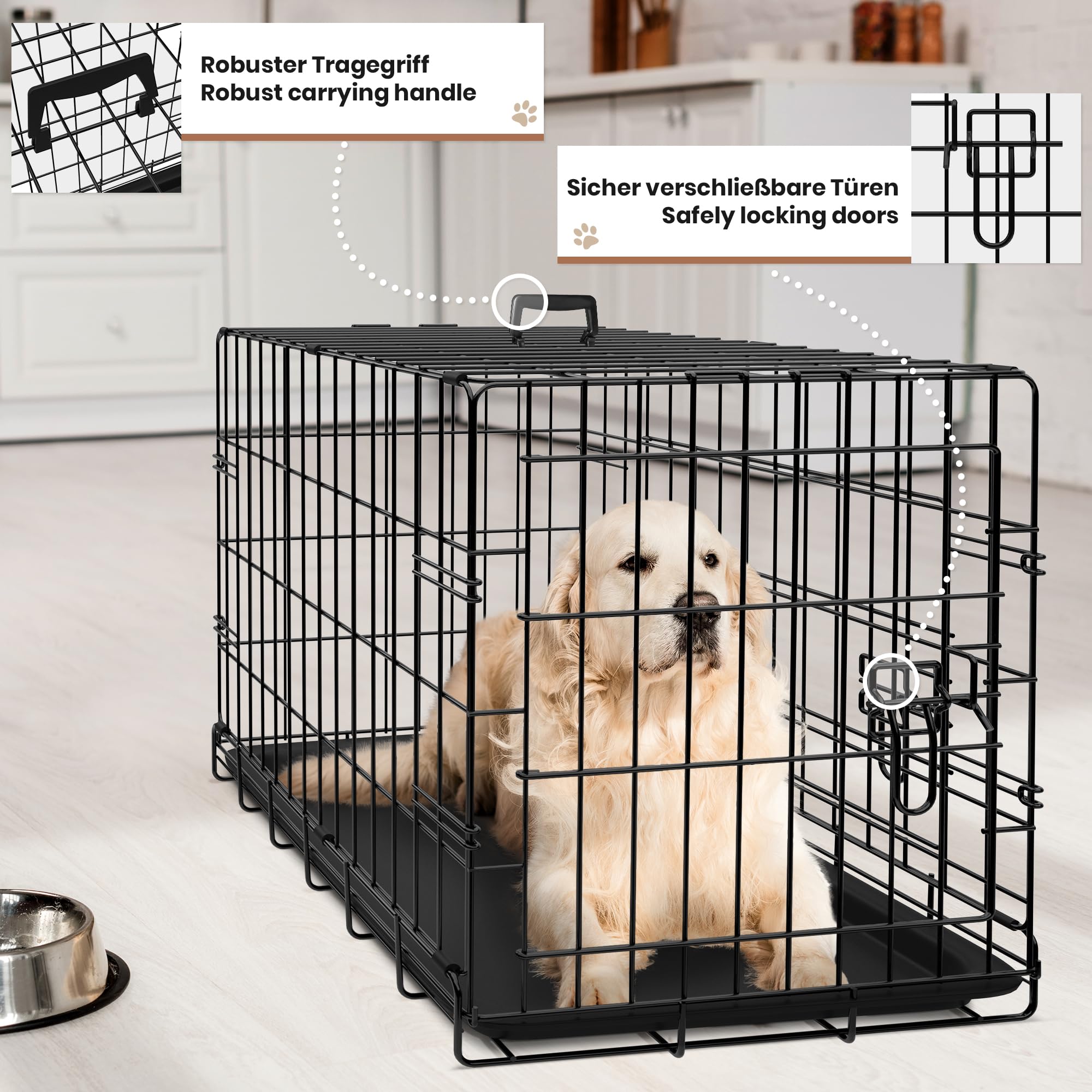 Leopet® Gabbia per Cane - Pieghevole, 2 Porte, in Metallo, Vassoio Rimovibile, Portatile - Trasportino, Scatola, Box da Trasporto, Auto, Macchina per Animali Domestici, Gatti (LxLxA: 91x57x64 cm)