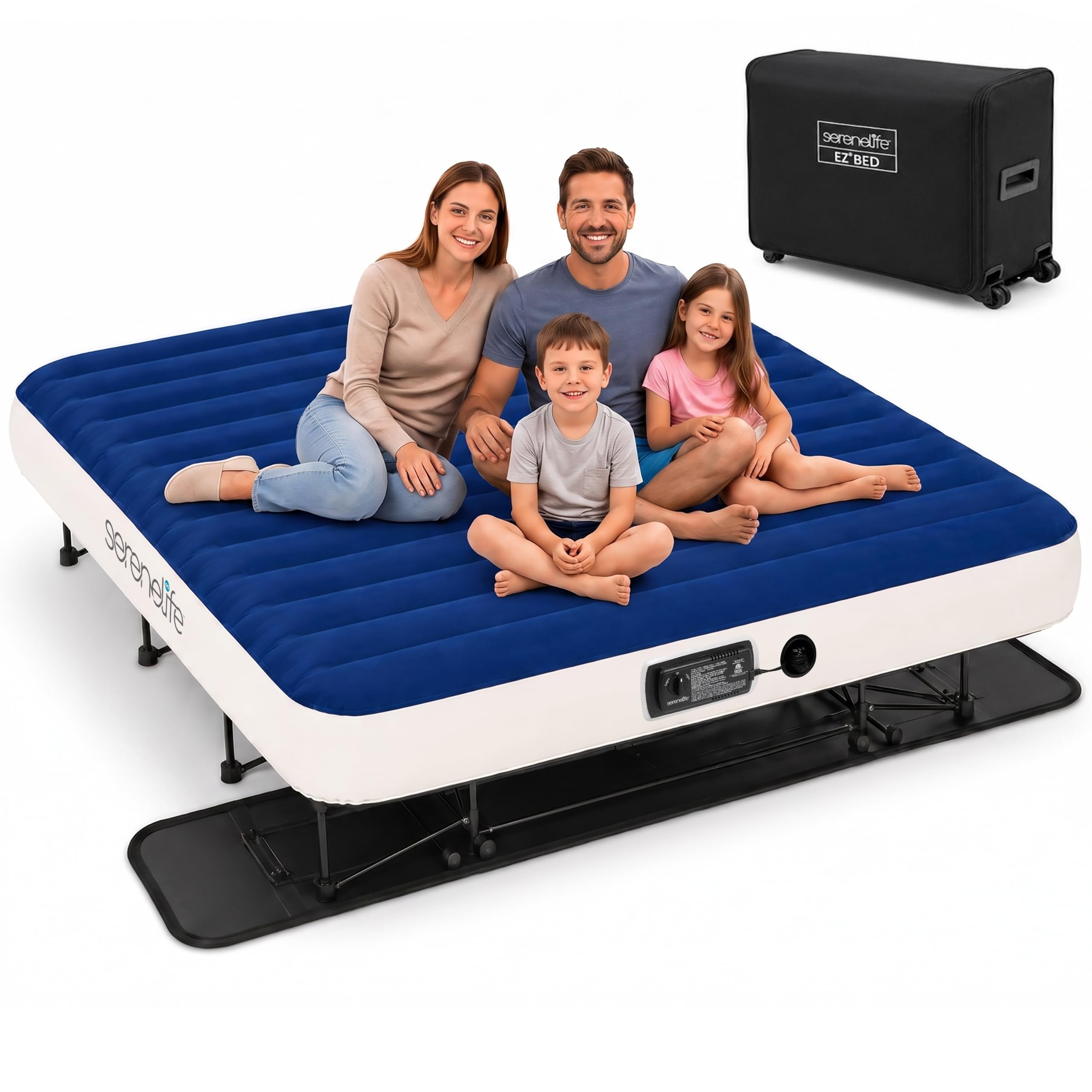 Photo 1 of SereneLife (King) EZ Bed Air Mattress with Frame and Rolling Case - 3 Min Self Inflating Air Bed with Upgraded U-Coil Mattress and Premium Soft Flocked Top, Wall Plug AC Powered Inflate and Deflate