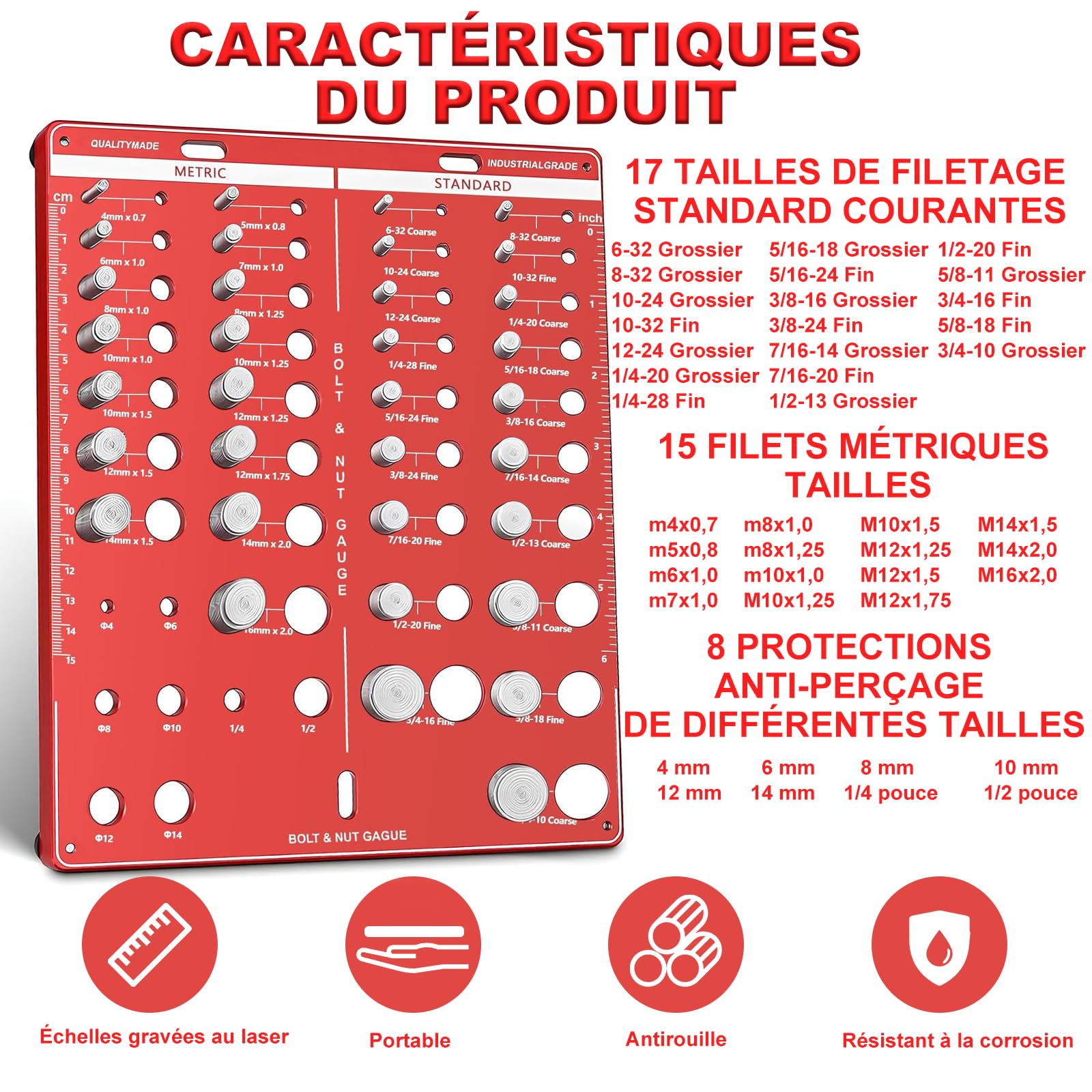 Jauge de filetage 44 trous - Testeur de filetage 4 en 1 en alliage d'aluminium avec filetage métrique et impérial, pour mesurer les dimensions des écrous et des vis, mesurer la longueur et le diamètre