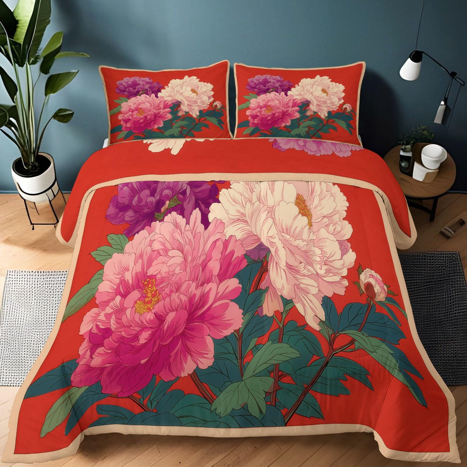Couette imprimée 2 personnes fleurs pivoines pour chambre romantique