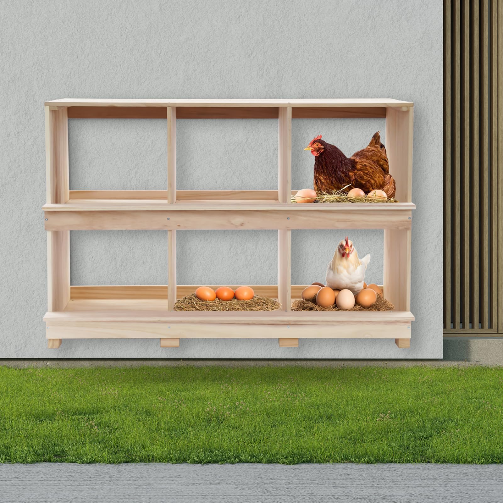 Legenester HüHner Legenest HüHnernest Abrollnest legenester Hühner-Nistkasten aus Holz, 6 Fächer, 96x37,2x66,3 cm, Naturholzfarbe, mit Sitzstange, für Legehennen