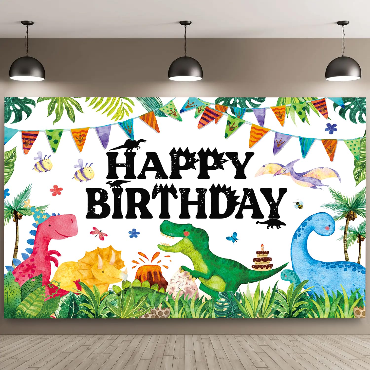 Dinosaur Birthday Banner Watercolor Dinosaurs Backdrop Cartoon Dinosaur Birthday Party Decoration Supplies Photography Background 5x3ft