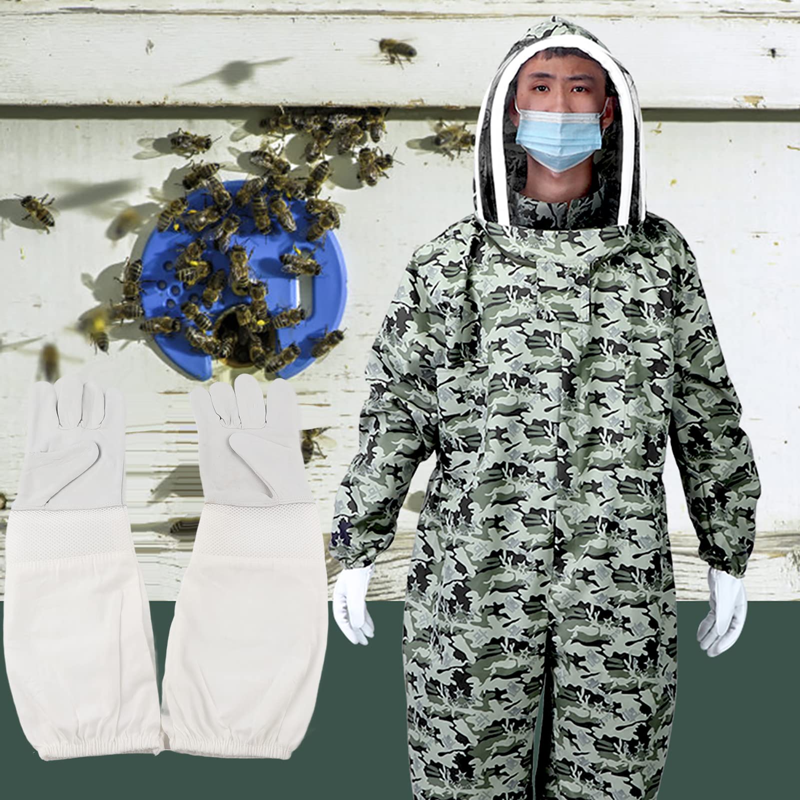 Podwójne zamki Jednoczęściowy kombinezon pszczelarski Pszczelarstwo Odzież ochronna z rękawiczkami dla pszczelarza (A pair of XXL size gloves + XXL five-star space)
