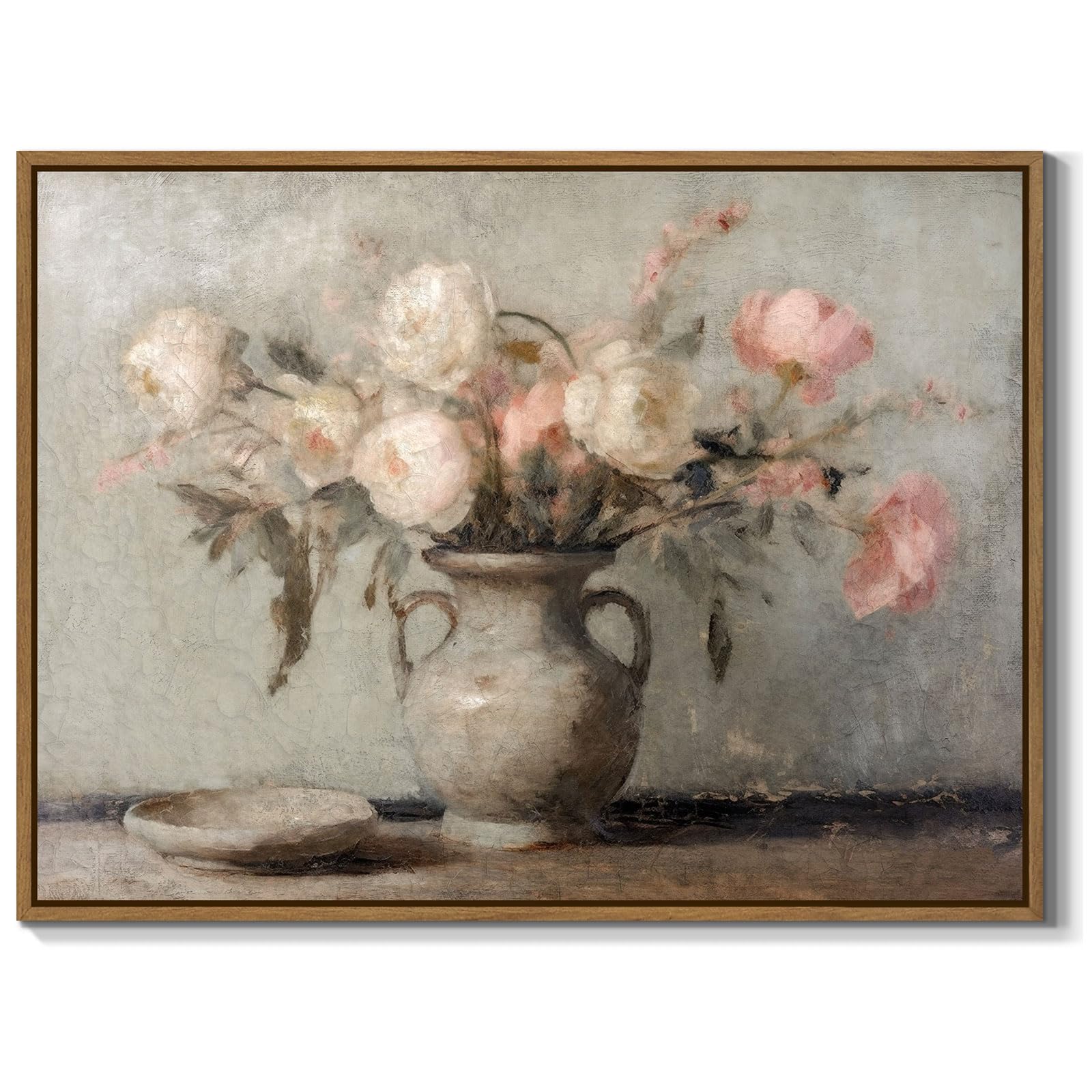 Framed Floral Canvas Wall Art Pink and White Rose Painting Prints Vintage Flowers in Vase Picture Still Life Wall Decor for Girls Room Bedroom Bathroom Living Room Farmhouse Decoration - 12x16 Inch