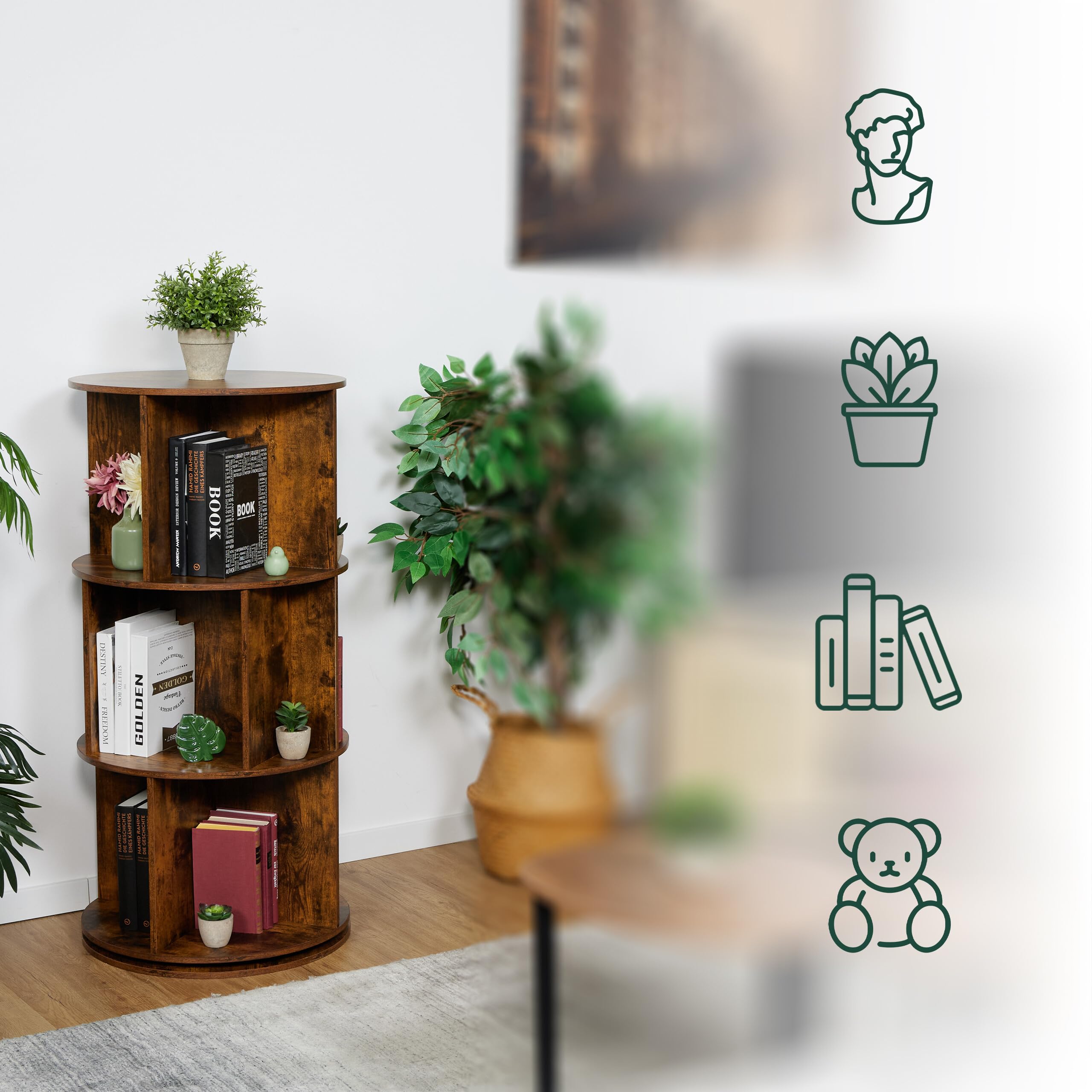 Relaxdays Libreria Girevole, 15 Scomparti 104x50 cm, Scaffale Industriale Porta Libri, CD, Dvd, Colonna Rotante, Marrone