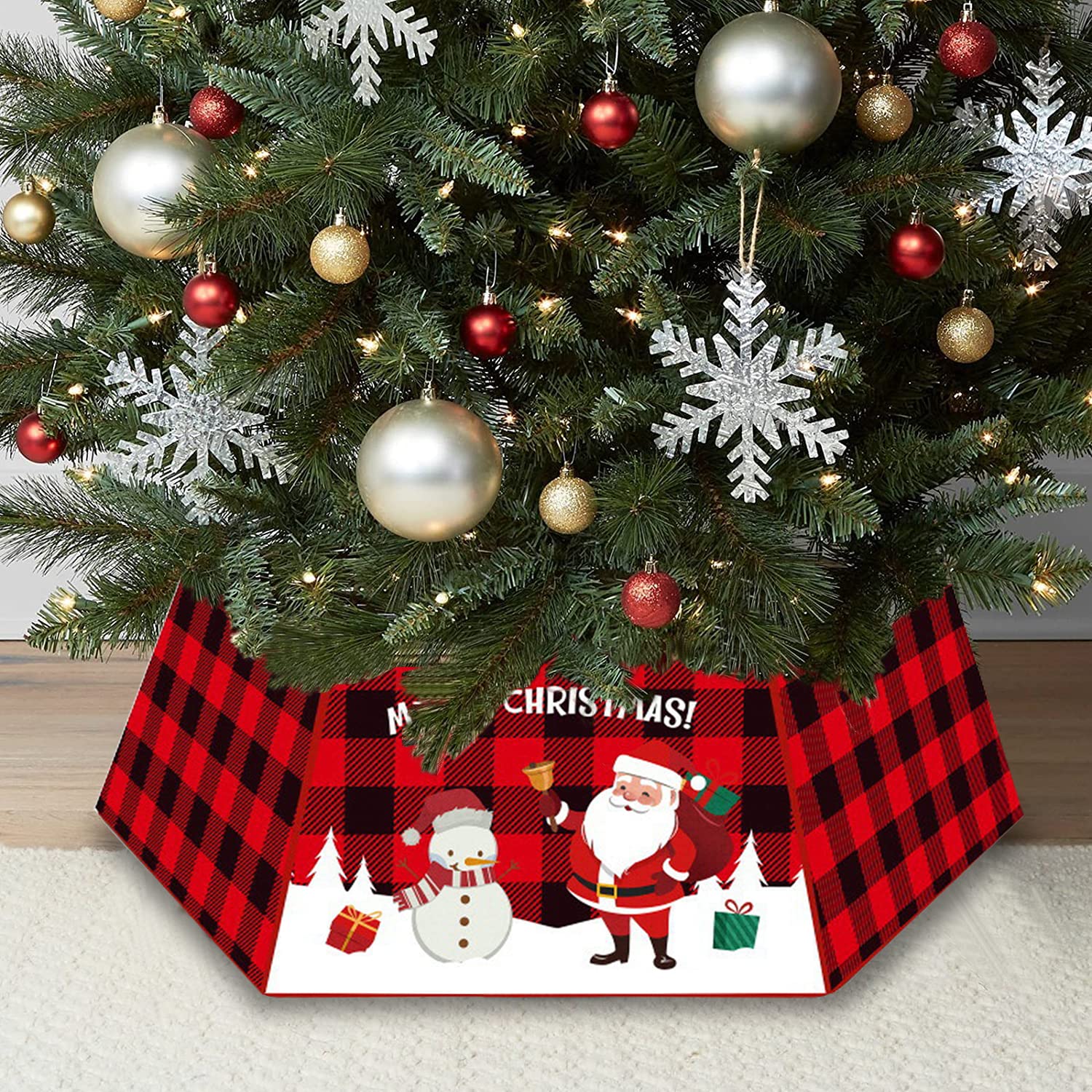 Christmas Tree Collar,Red Black Buffalo Plaid Check Christmas Tree Decorations,Square Xmas Tree Ring Santa Snowman Gift Tree Box Skirt Basket,Xmas Tree Trunk Base Stand Cover for Home Holiday Decor