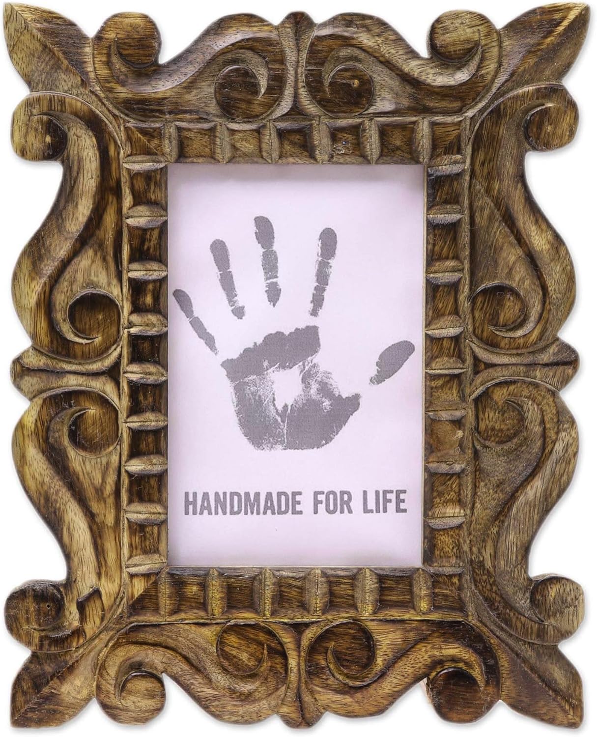 NOVICA Artisan Crafted Mango Wood Ornate Photo Frame 4x6 | Swirling Motifs | Glass Pane | Tabletop Decor | Mughal Majesty | Rustic Style | Family Theme | Brushed Finish | India | 9.75" H x 7.75" W x