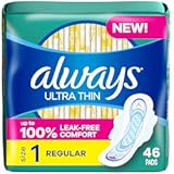Always Ultra Thin Pads with Wings, Size 1, Regular, 46 Count