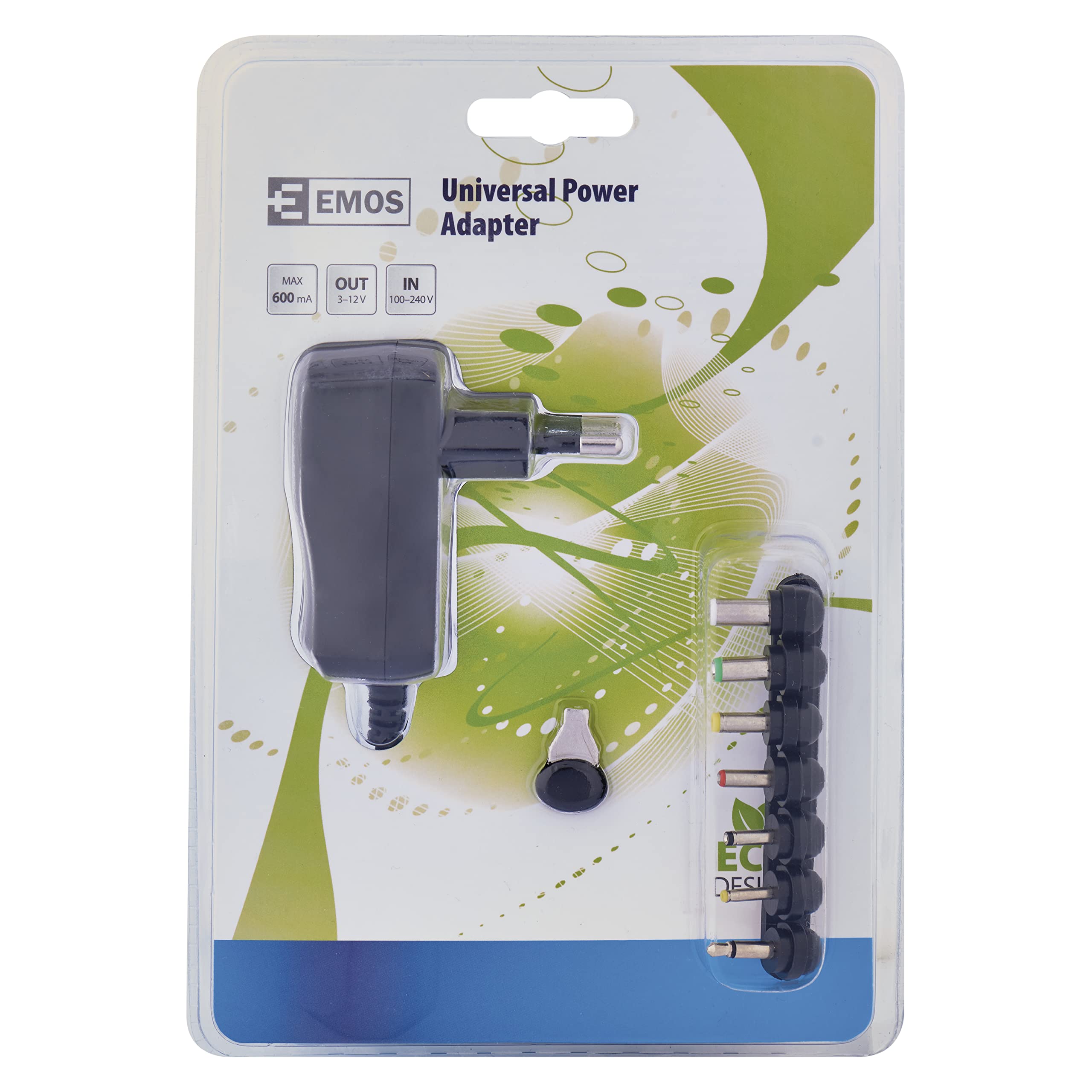 EMOS Uniwersalna ładowarka 600 mA, adapter AC/DC, zasilacz z 7 zdejmowanymi wtyczkami, AC: 100–240 V, DC: 7 wariantów napięcia 3-12 V, długość kabla 1,5 m