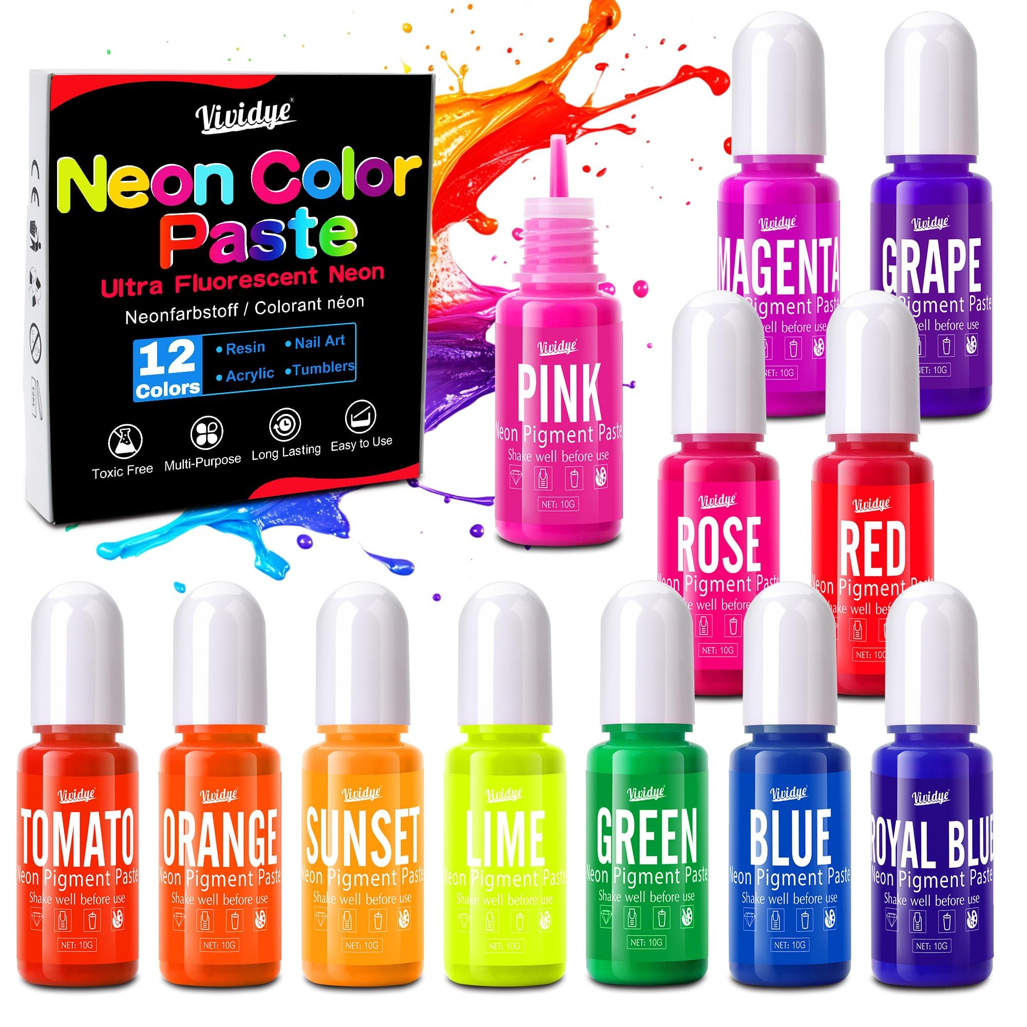 Neon Pigment Paste - 12x10g Concentrated Resin Pigment Paste for Epoxy Resin, Nail Art, Slime, Painting, Candle, Soap Making, Neon Dye for Halloween Decoration, Jewelry, DIY Crafts, Highly Pigmented