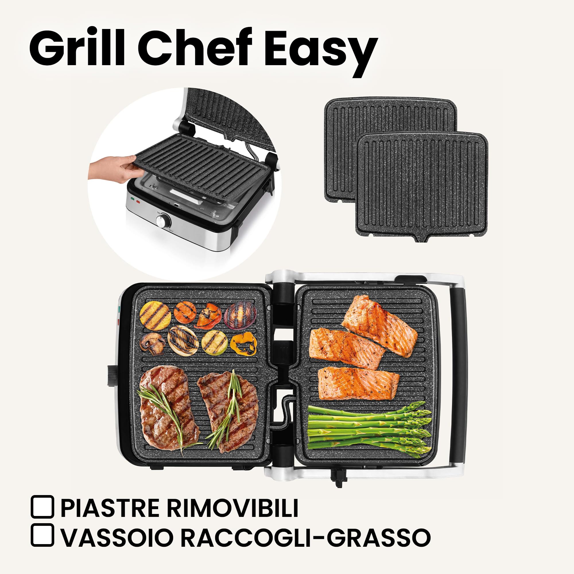 Zeegma Grill Chef Easy - Grill Elettrico 2 in 1 e Tostapane Panini, Potenza 2000W, Superficie Antiaderente in Ceramica, Regolazione Temperatura e Inclinazione, Piastre Removibili Lavabili in Lavastovi