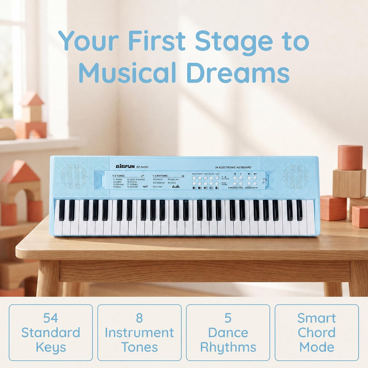 LeeQee 54-Key Kids Keyboard Piano, Electronic Musical Toy for Kids Ages 3+ | Kids Piano with Microphone & USB Cable, Portable Educational Beginner Instrument Gift for Boys Girls (Light Blue)