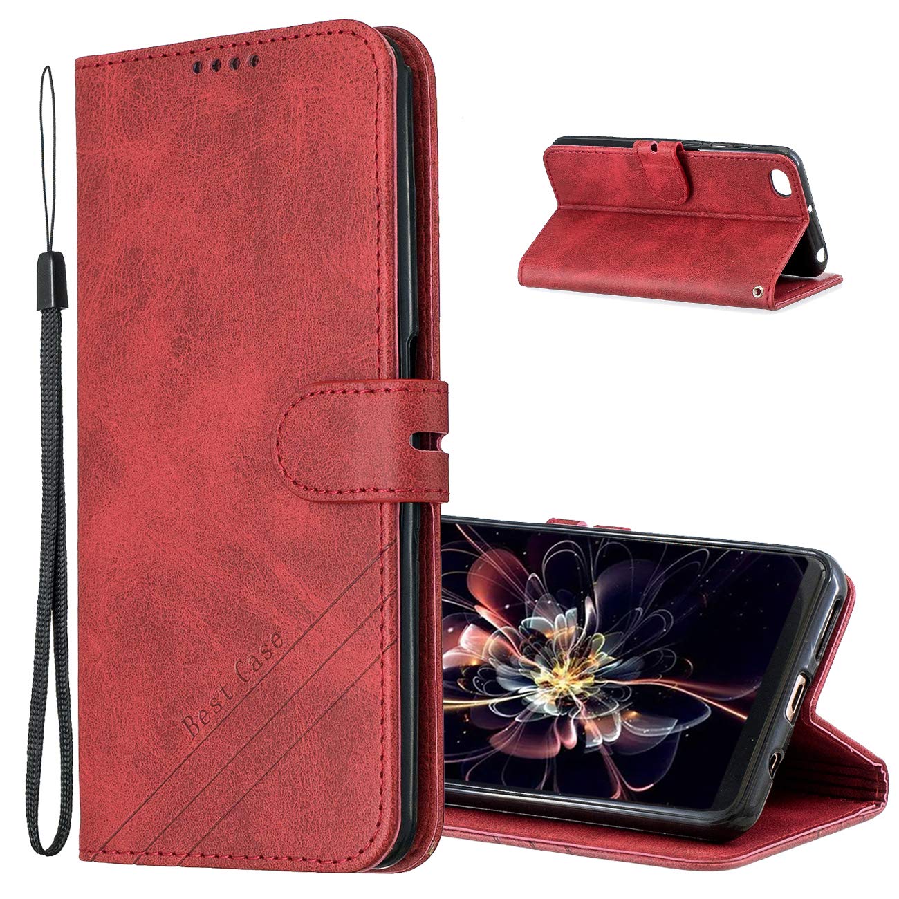 MRSTER Cover per Xiaomi Redmi Go, Semplice ed Elegante Book Style Internamente Silicone TPU Case Flip Cover in Pelle PU Premium Custodia per Xiaomi Redmi Go. Retro Red