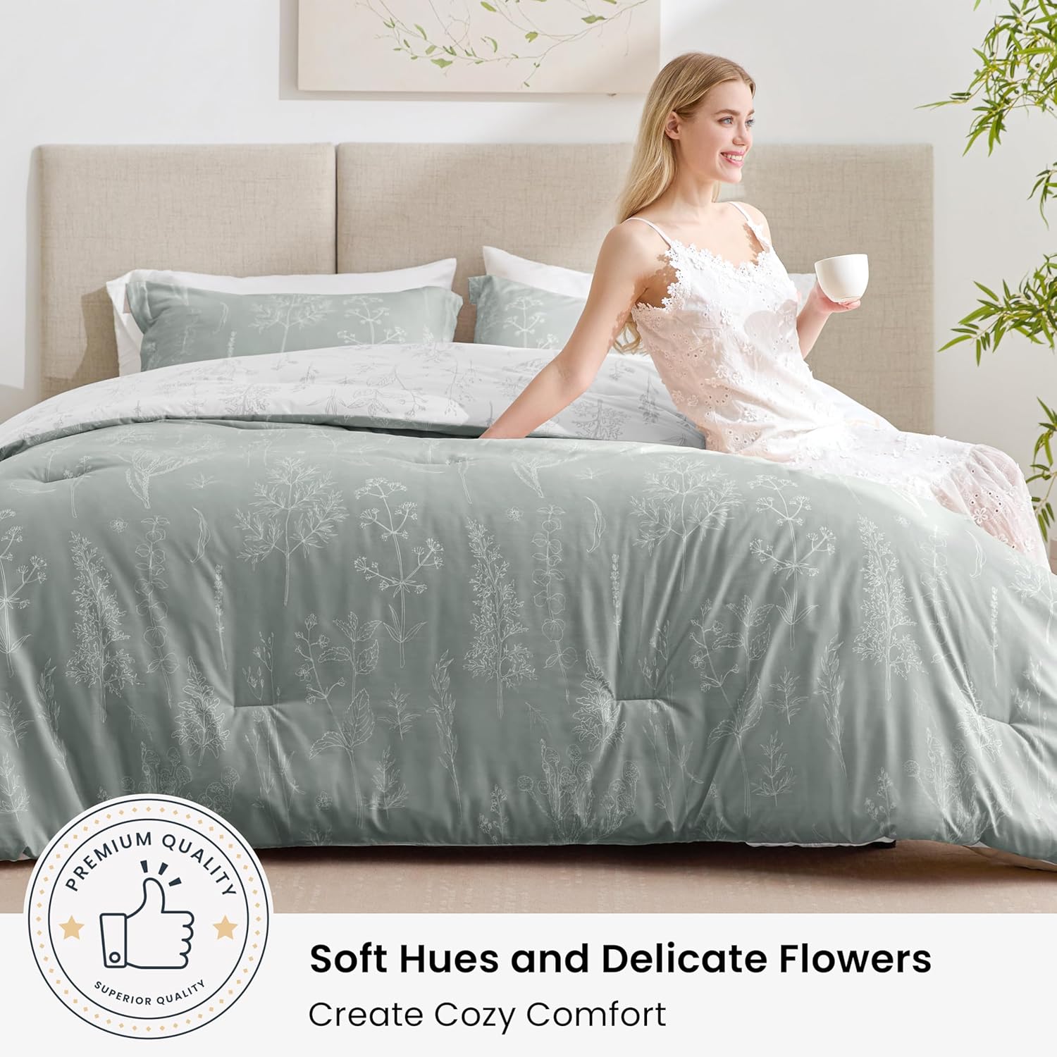 Love's cabin Grey Queen Comforter Set - Queen Size Comforter Set, 3 Pieces Cute Floral Bedding Sets for All Seasons,1 Soft Reversible Botanical Flowers Comforter and 2 Pillow Shams