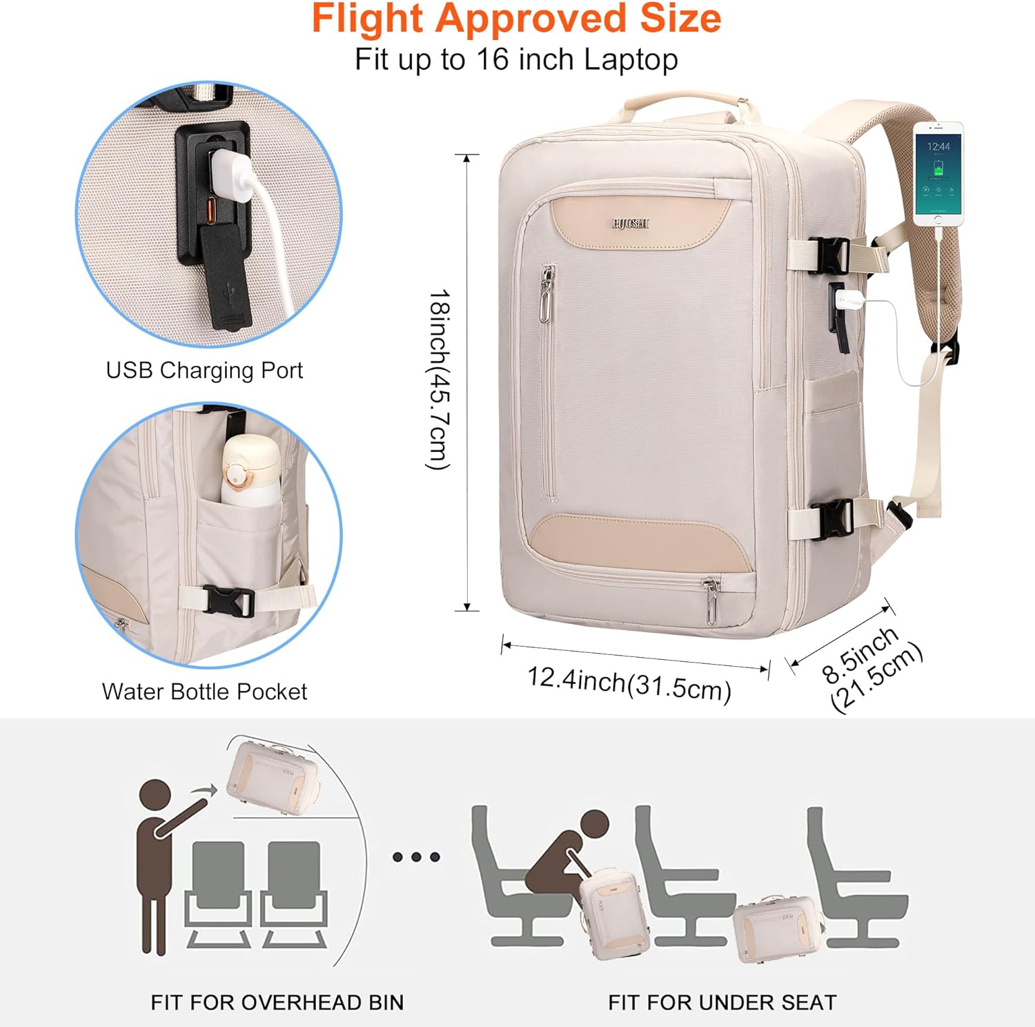 PIJUSHI Travel Backpack for Women Flight Approved Carry on Bag 16 inch Laptop Personal Item Daypack with Shoe Compartment(PE038 Beige) - Image 6