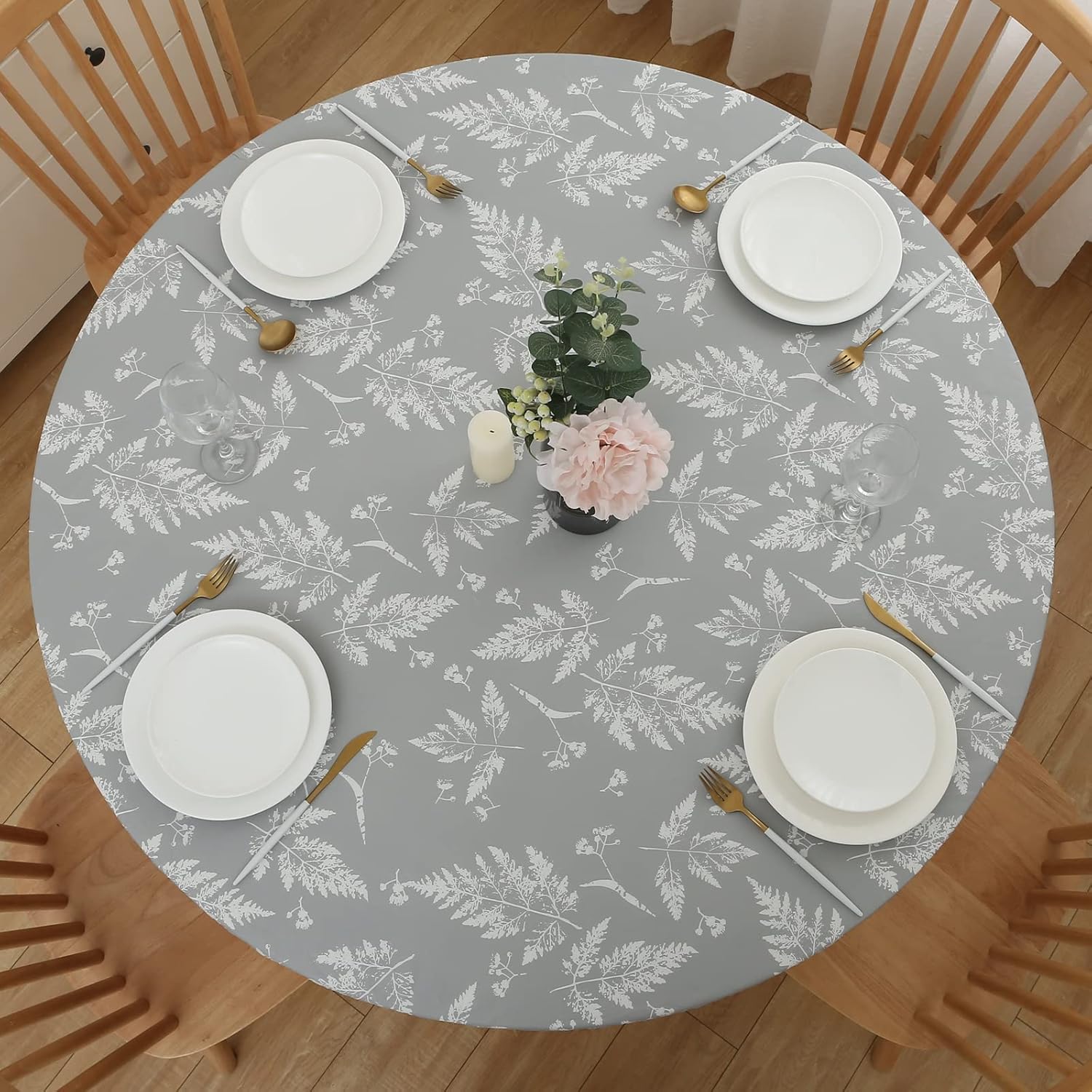 Round Vinyl Fitted Tablecloth with Flannel Backing Elastic Table Cloth Waterproof Oil-Proof Plastic Table Cover Gray Leaves Large Round Fits Table up 45"-56" Diameter