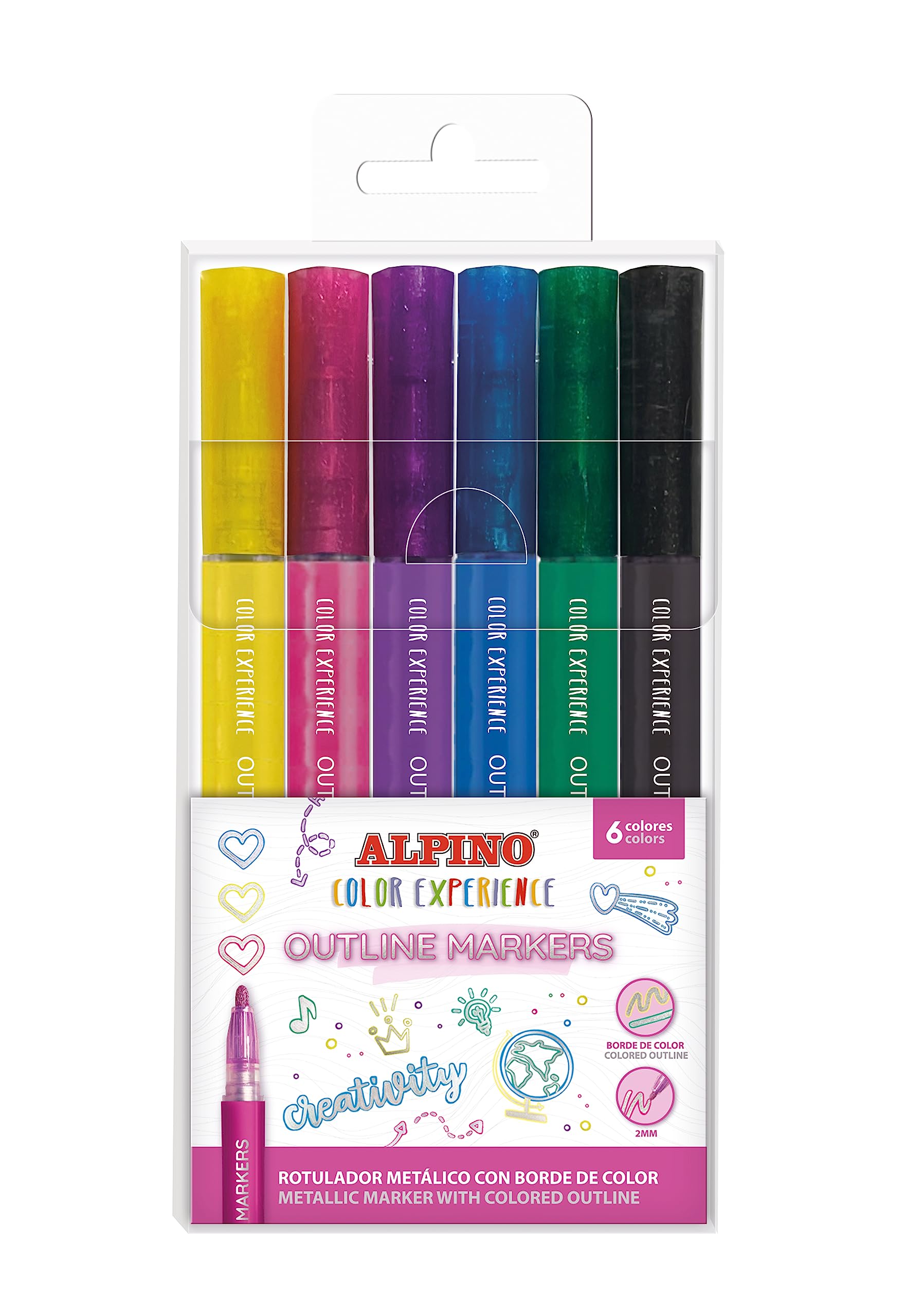 Alpino 6 outline markers Color Experience | Rotuladores metálicos con borde de color | Rotuladores de doble línea | Rotuladores para resaltar, escribir y decorar notas
