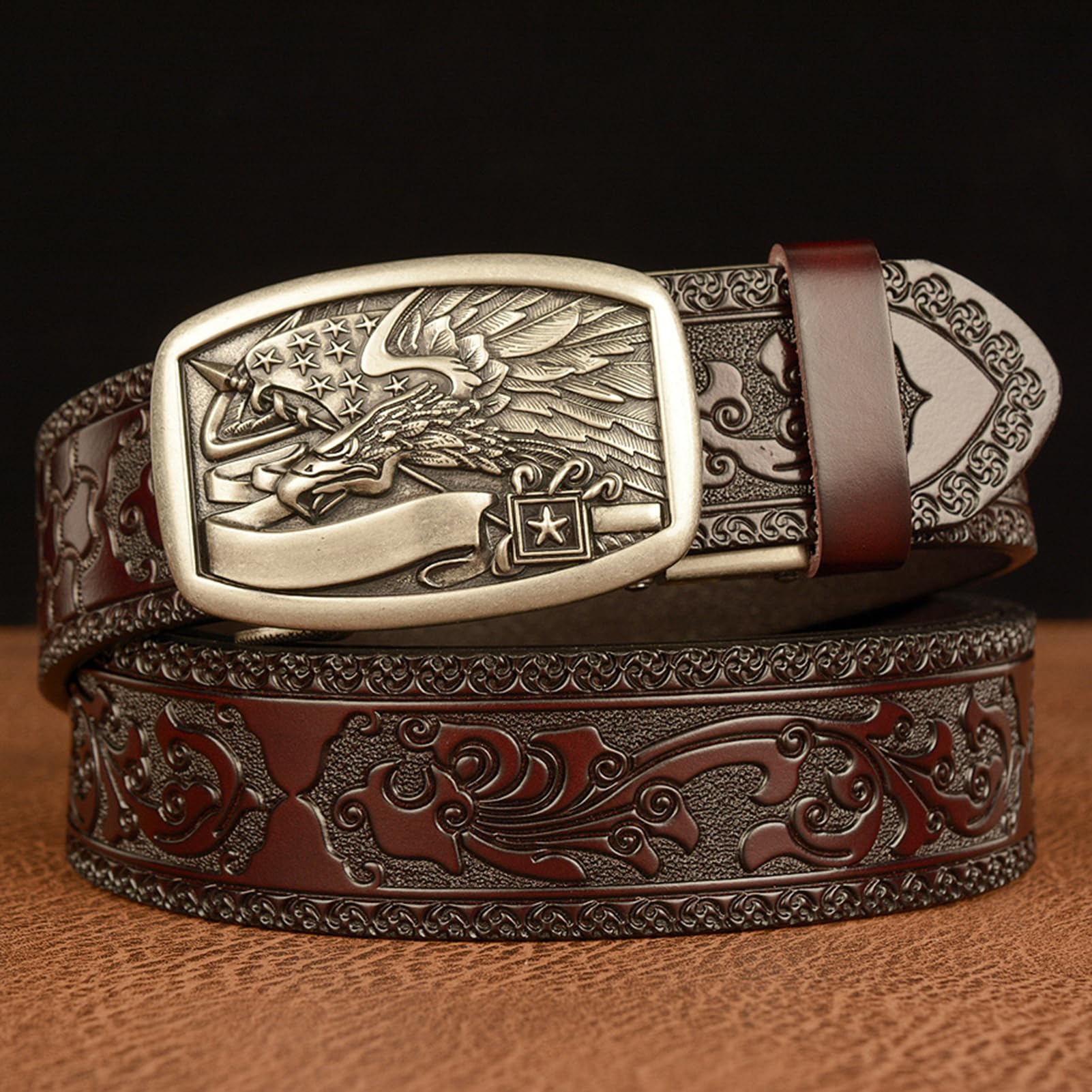 Cinturón De Cuero Con Trinquete Automático Tallado En Animales, Hebilla Deslizante Ajustable, Cinturón Ocio Relieve, Cintura 130cm/44-46", Marrón