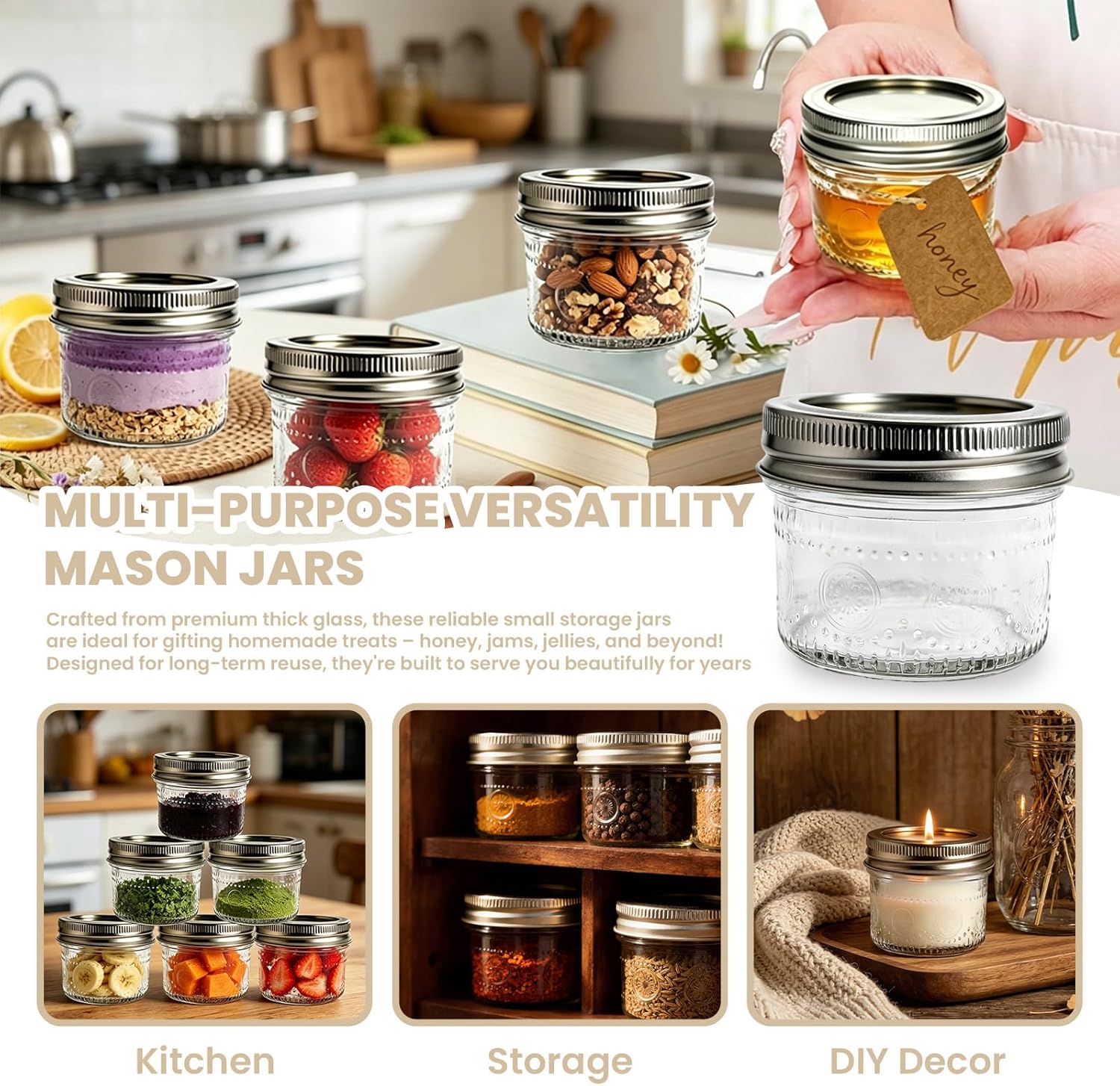 4 oz Mason Jars with Embossed Pattern 24 Pack, Small Canning Jars with Airtight Lids, Mini Glass jars for Jams, Jelly, Honey, Spices, DIY Candles, Wedding Favors and Gift Packaging
