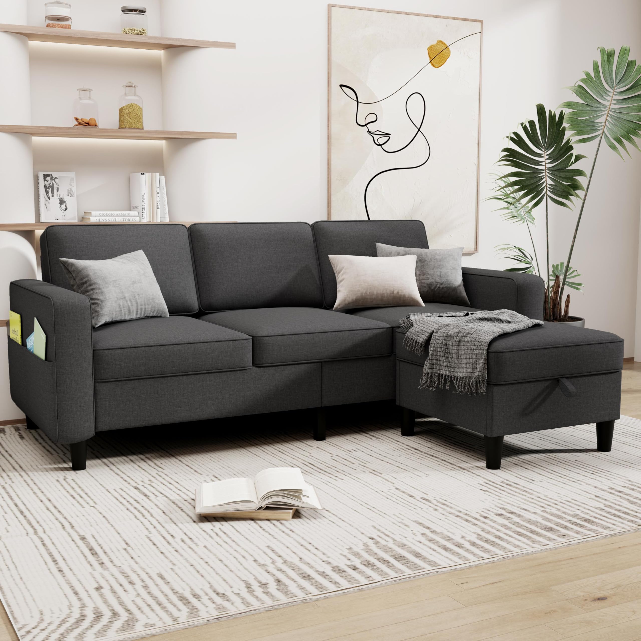 Sectional Couches for Living Room - Convertible L-Shaped Couch, Grey 3 Seater Modern Linen Sofa, 78" Sofas with Storage Ottoman for Small Space, Bedroom, Offices and Apartments