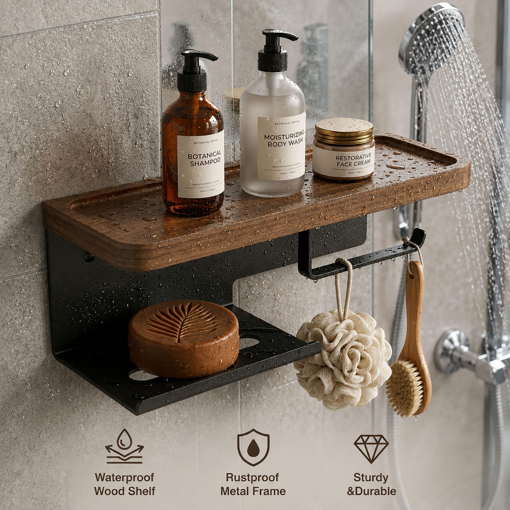 Toilet Paper Holder with Wide Walnut Shelf, Wall Mount Matte Black — Amazon image 4