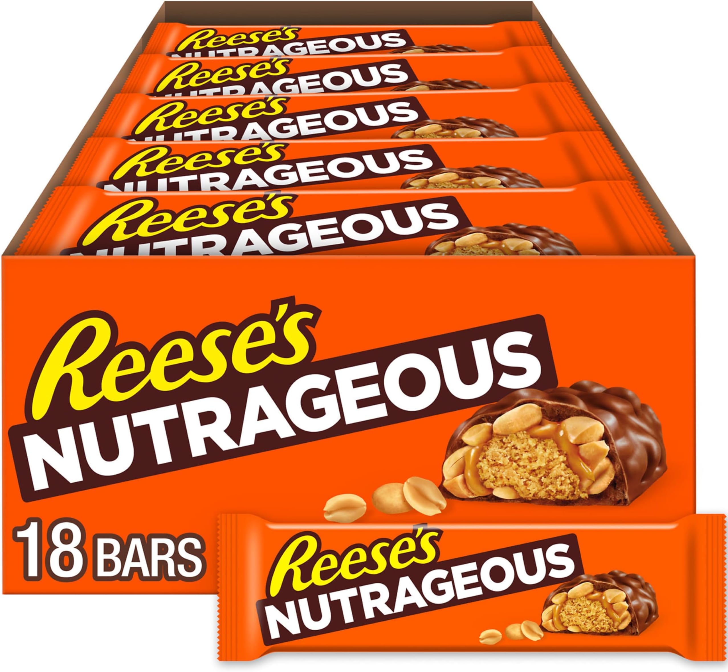REESE'S NUTRAGEOUS Candy Bar, Milk Chocolate Covered Peanut Butter, Peanuts, and Caramel Candy Bar, 1.66 Ounce Bar (Pack of 18)